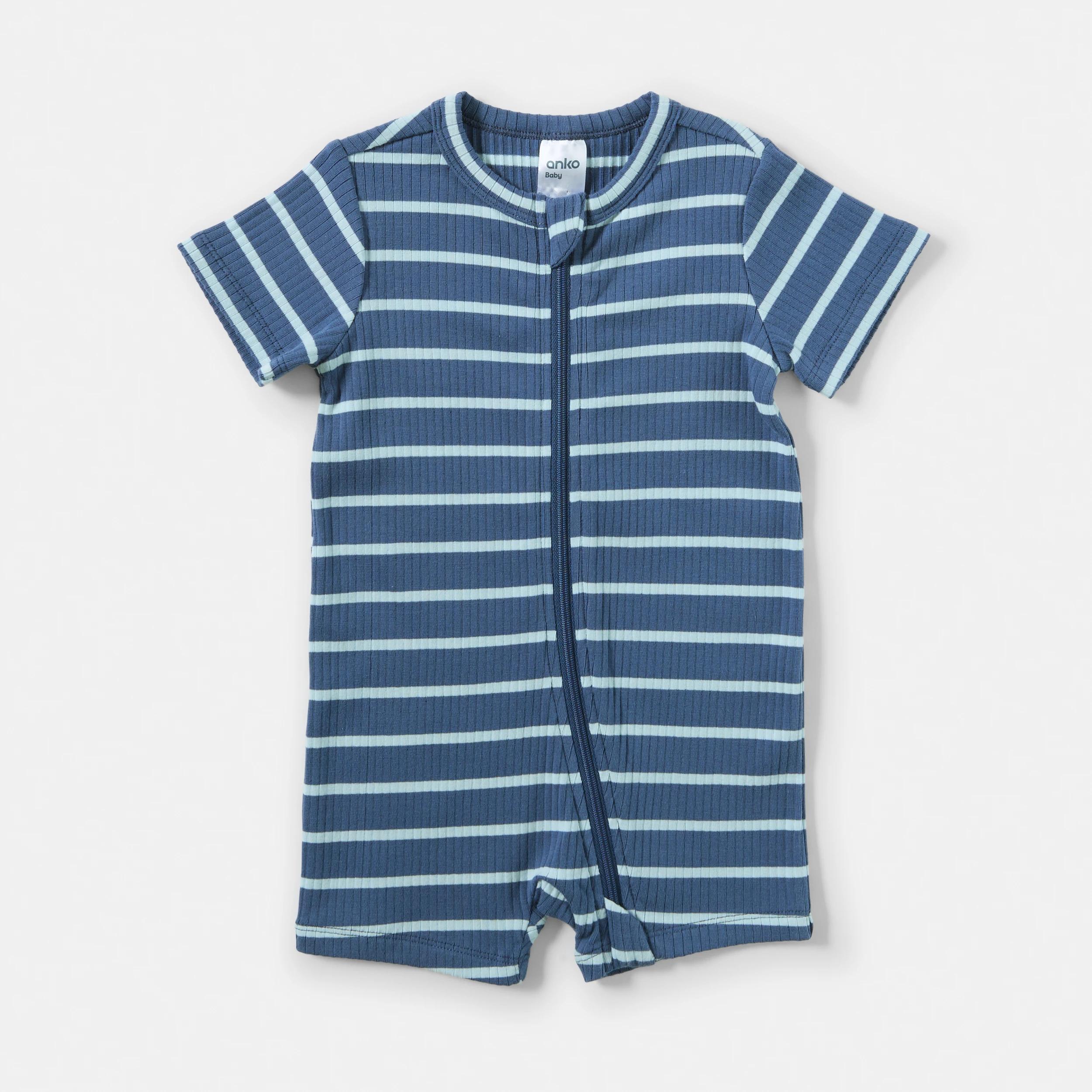 1 Short Sleeve Rib Zip Romper BLUE STRIPES, 1 of 3