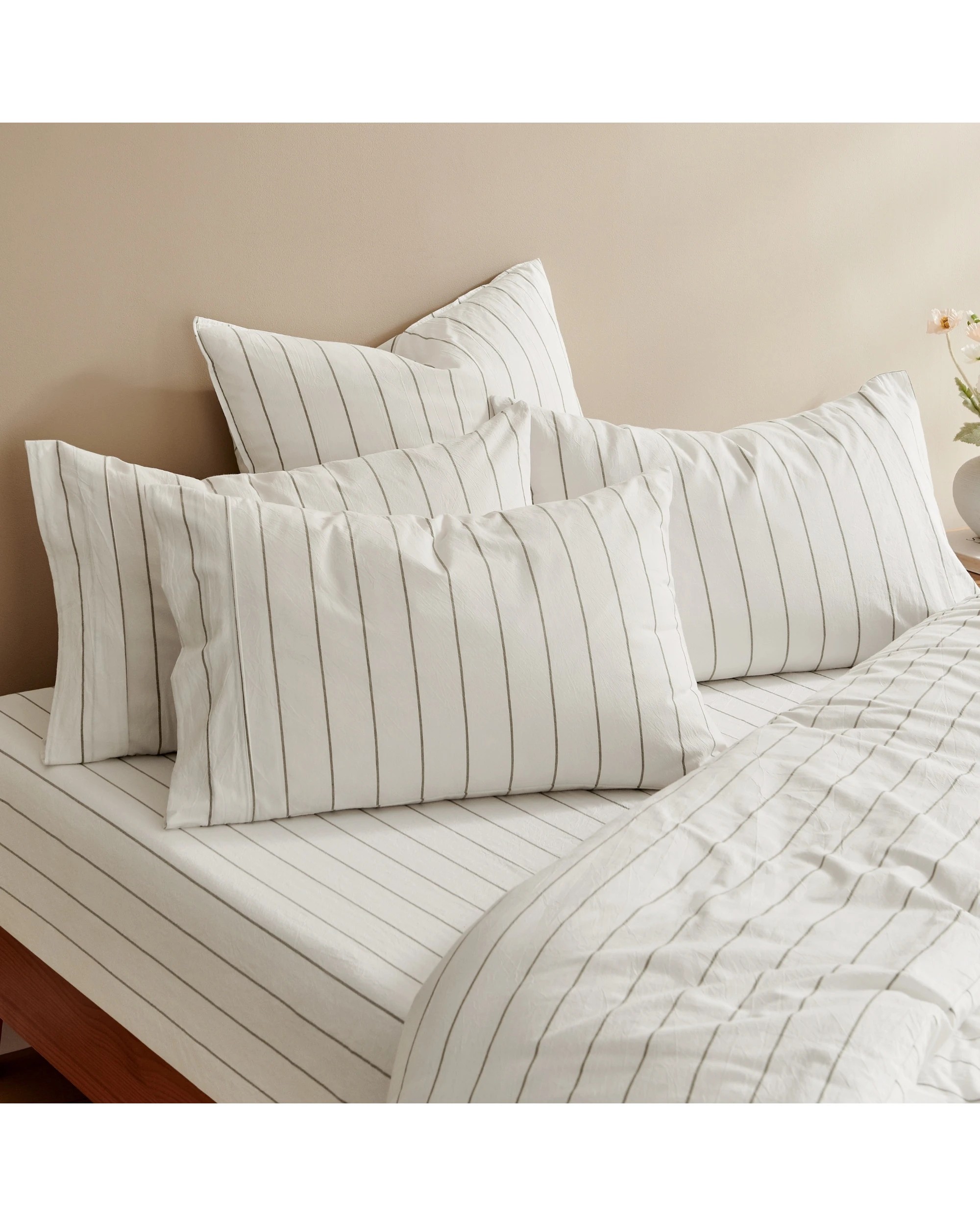 6 Dreamaker Rumi Stripe Washed Cotton Fitted Sheet Set - Double Bed - White with Olive, 6 of 6