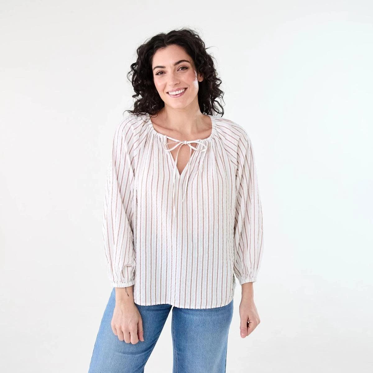 2 Long Sleeve Seersucker Tie Top RUSSET STRIPE, 2 of 6