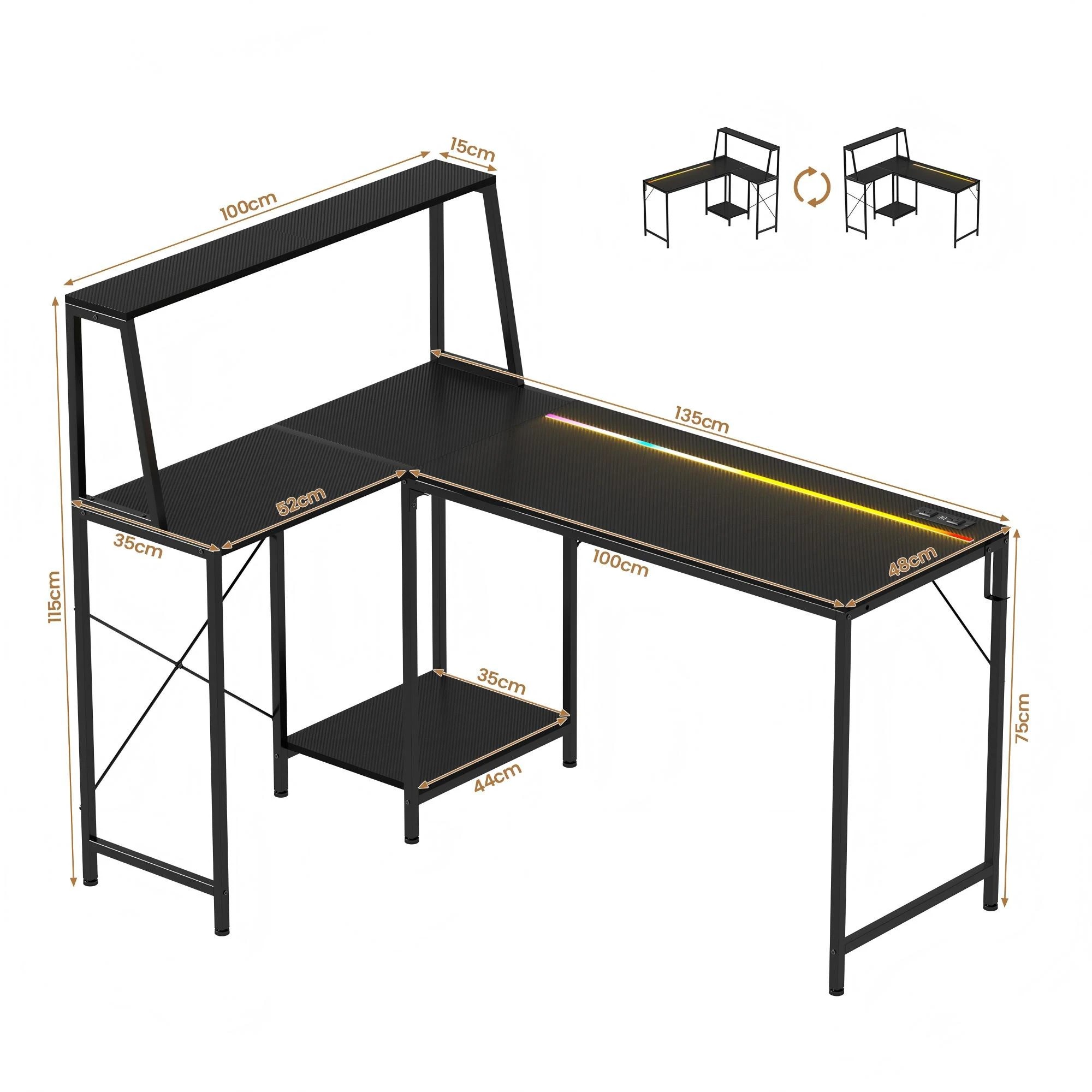 2 Advwin 135cm LED Gaming Desk w/ Adjustable Recessed Shelf & Power Outlets Carbon Fiber Reversible Computer Desk - Black, 2 of 10