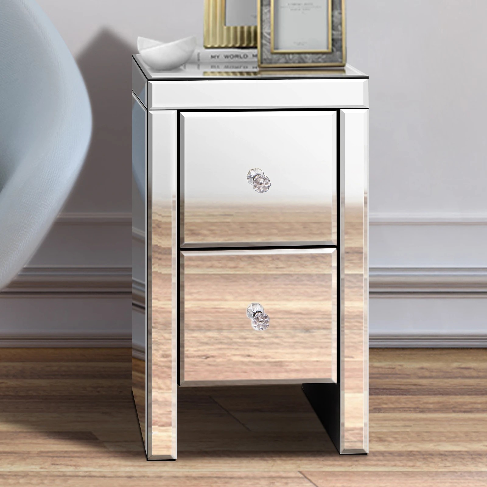 4 Alfordson Bedside Table Mirrored Cabinet Nightstand Side End Table Drawers - Silver, 4 of 10