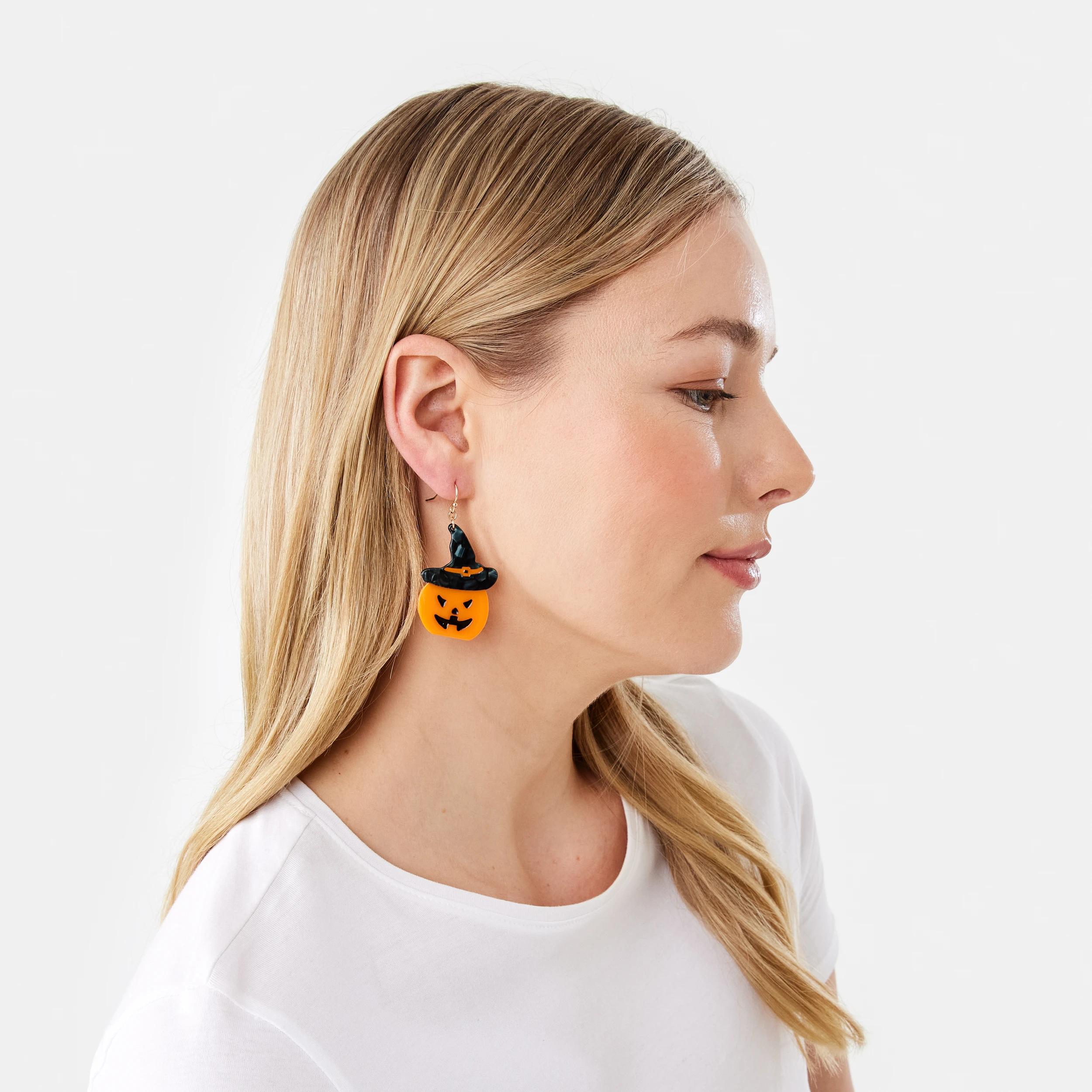 3 Halloween Pumpkin Drop Earrings - Orange, Black and Gold Tone Orange, 3 of 4