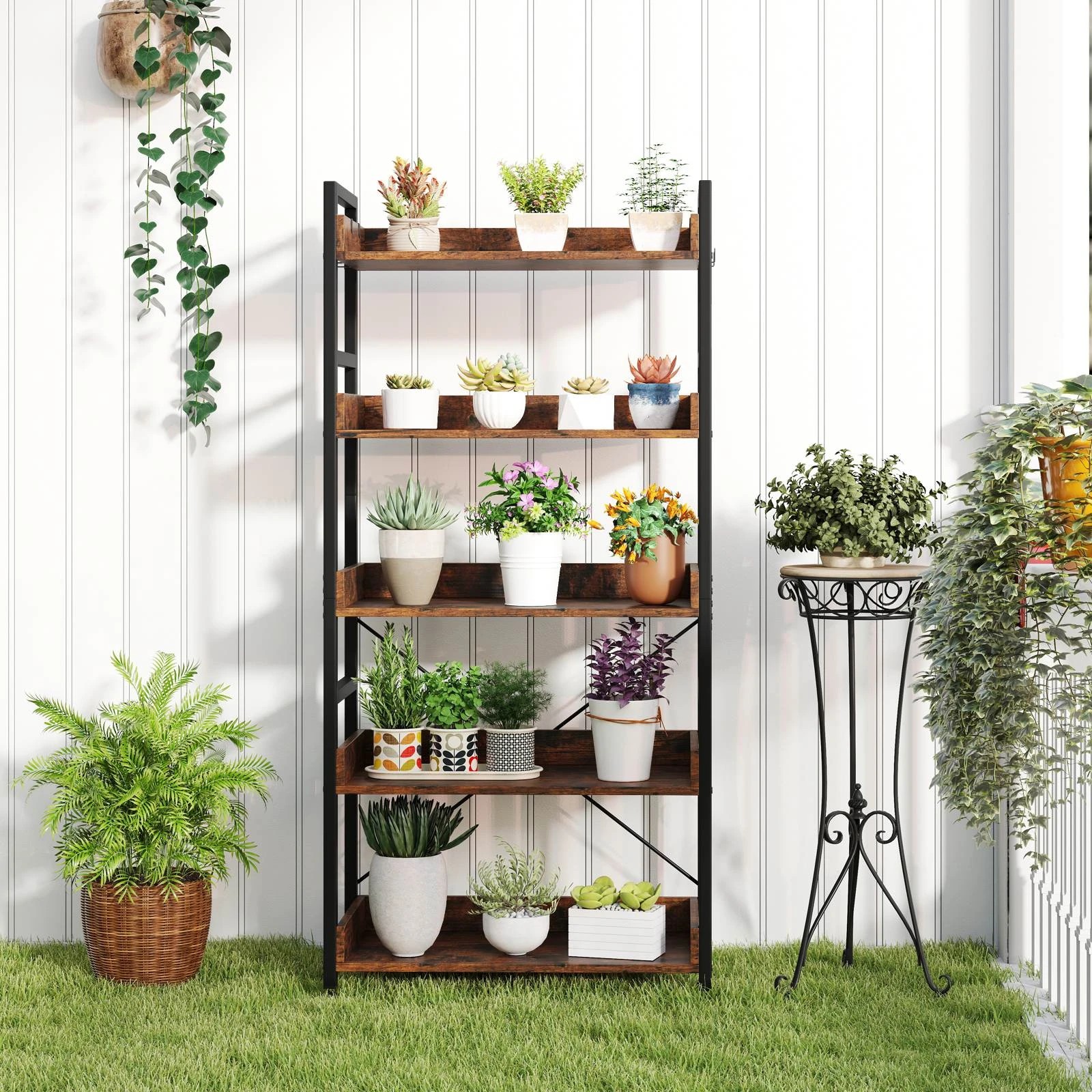 3 Costway 5-Tier Bookshelf w/Hooks Tall Bookcase Corner Storage Rack Display Shelf - Brown, 3 of 4