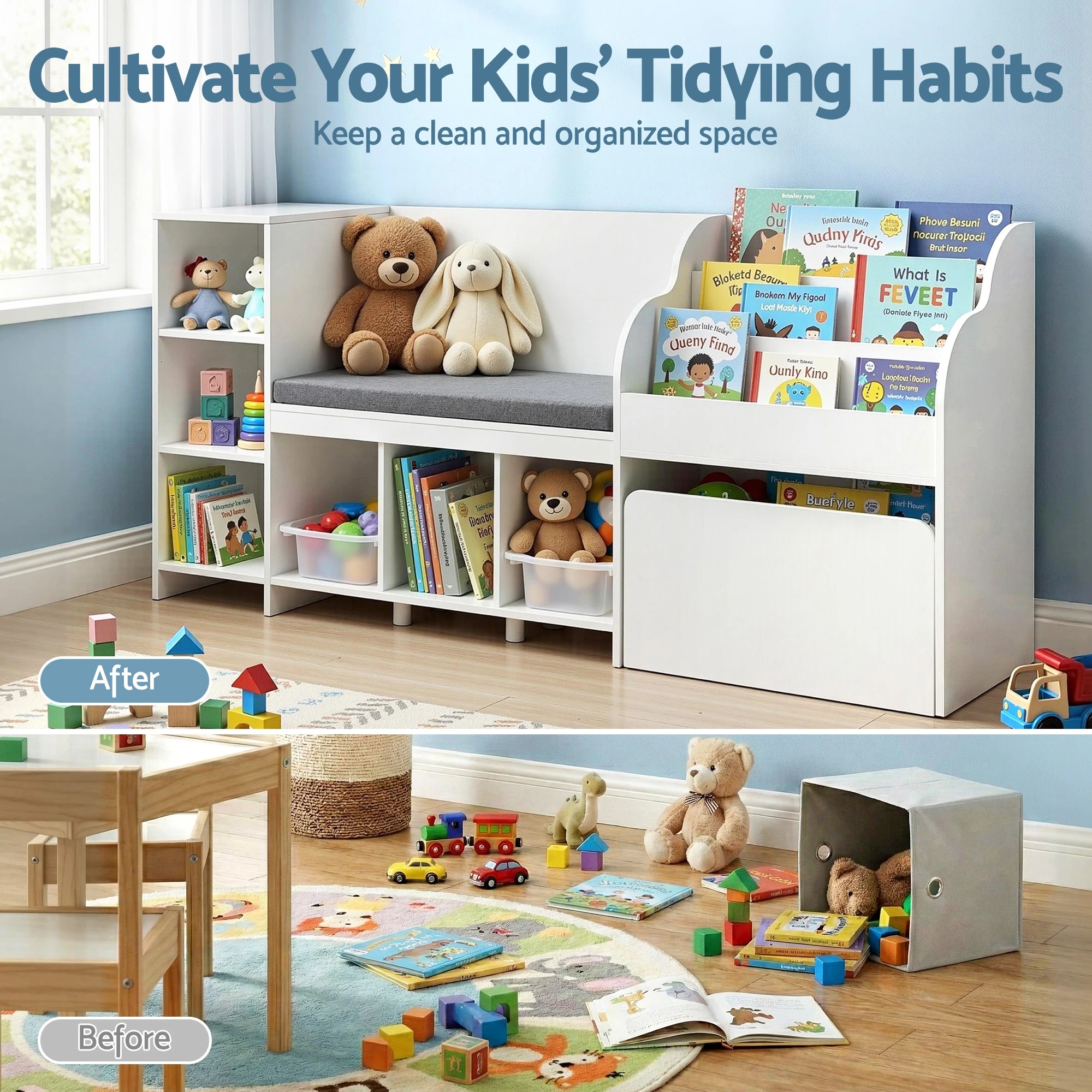 8 Keezi Kids Storage Unit Bookshelf Toy Box Organiser Bench Seat Cabinet 170cm - White, 8 of 8