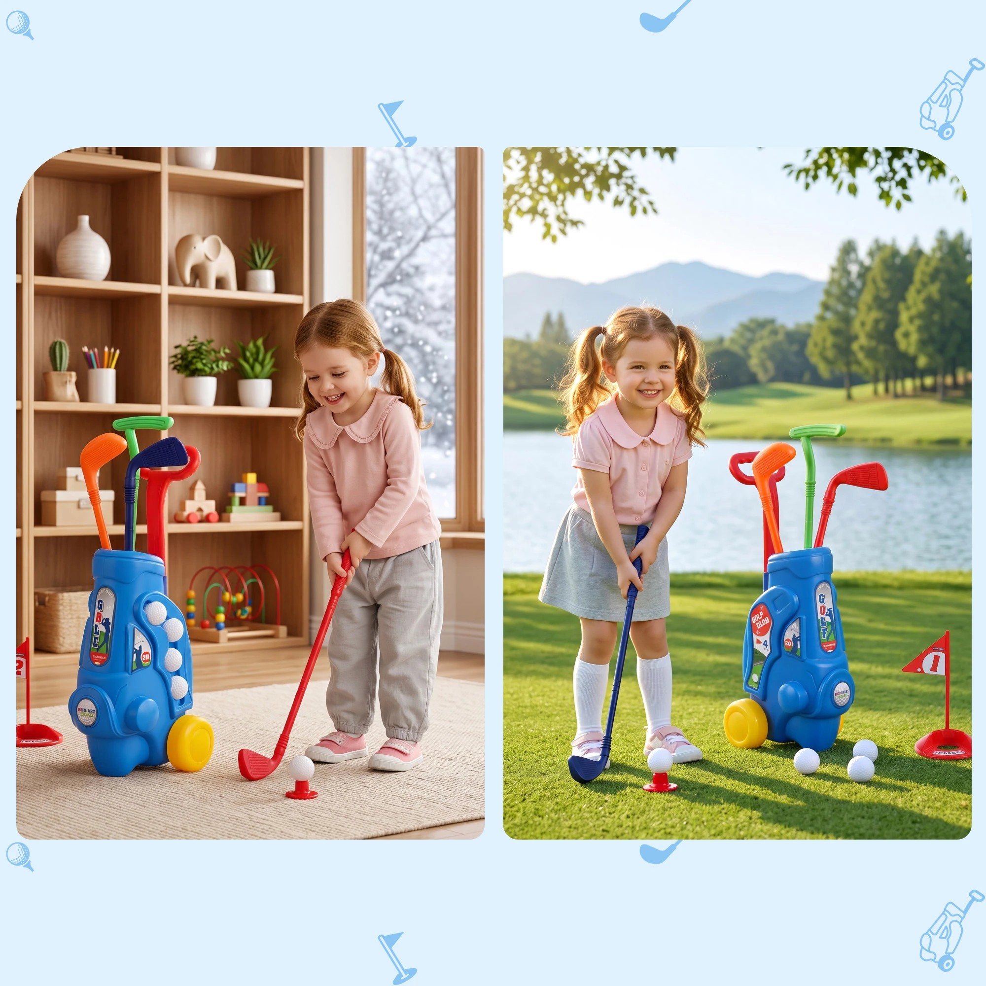 7 Keezi Kids Golf Set with Pull Cart 4 Clubs 4 Balls Indoor Outdoor Mini Golf Game Toy Ages 2-6 - Blue, 7 of 7