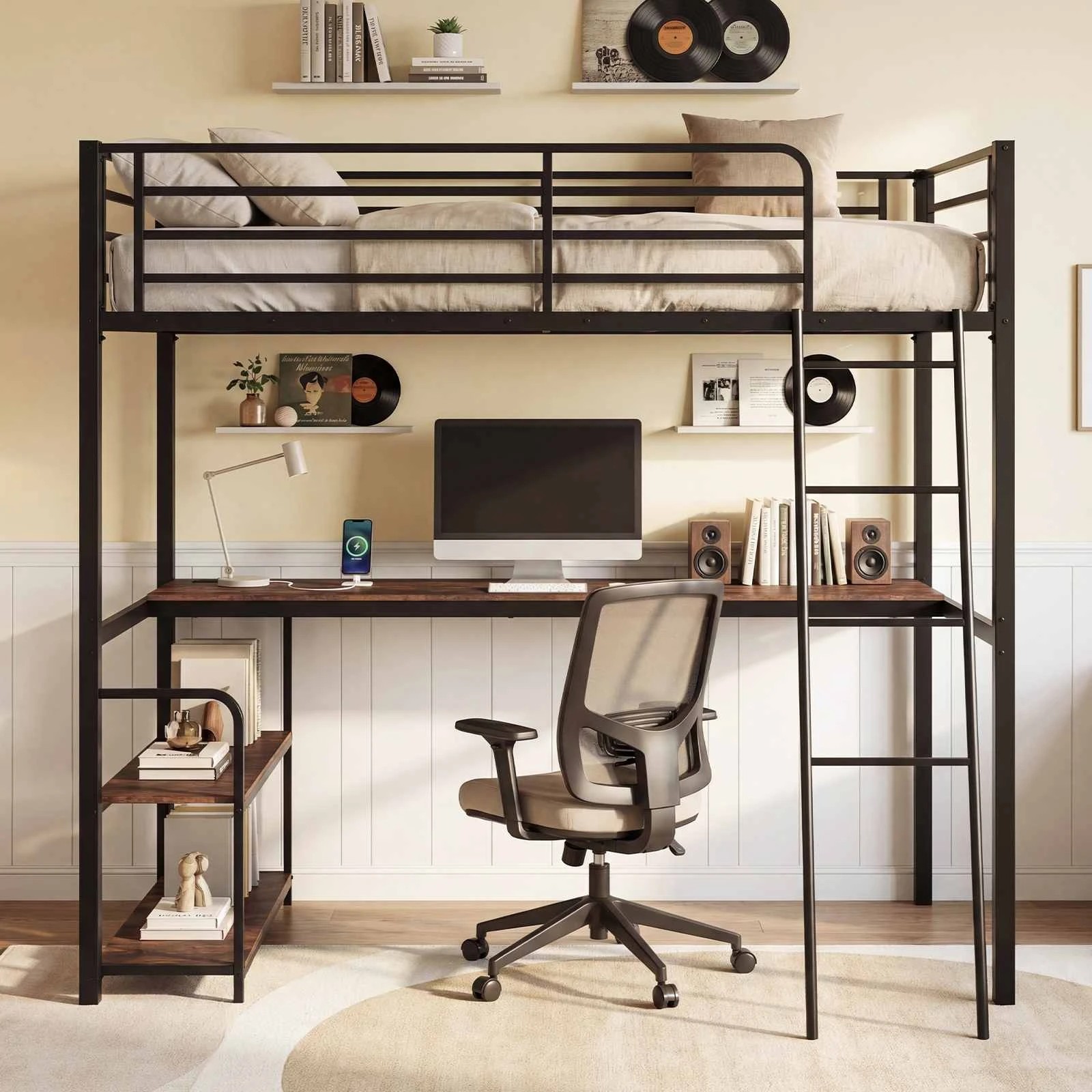 Costway Single Loft Bed Frame 2-in-1 Metal Bunk Bed w/Desk & Charging