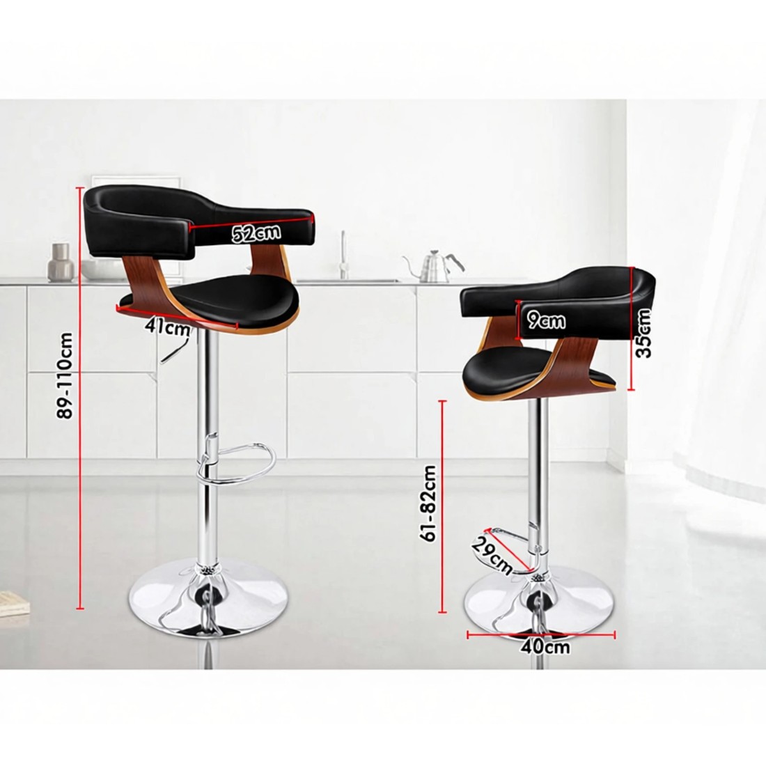 8 Alfordson 2x Bar Stools Joan Kitchen Swivel Chair Wooden Leather Gas Lift - Black, 8 of 9