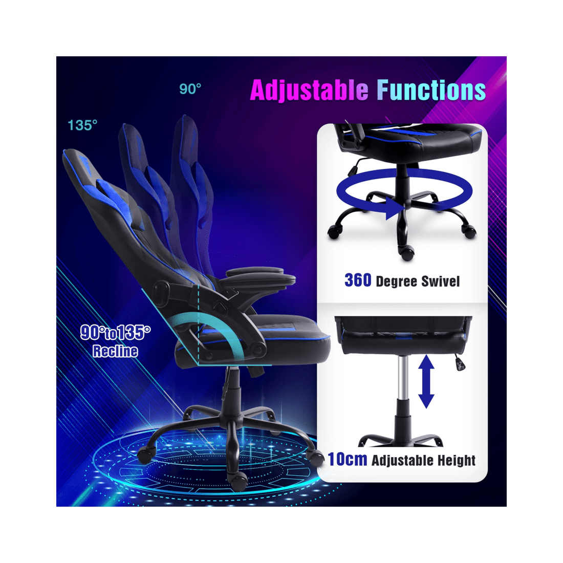 5 Advwin Gaming Chair Height Adjustable Ergonomic Recliner Racing Office Chair
 - Black, 5 of 10