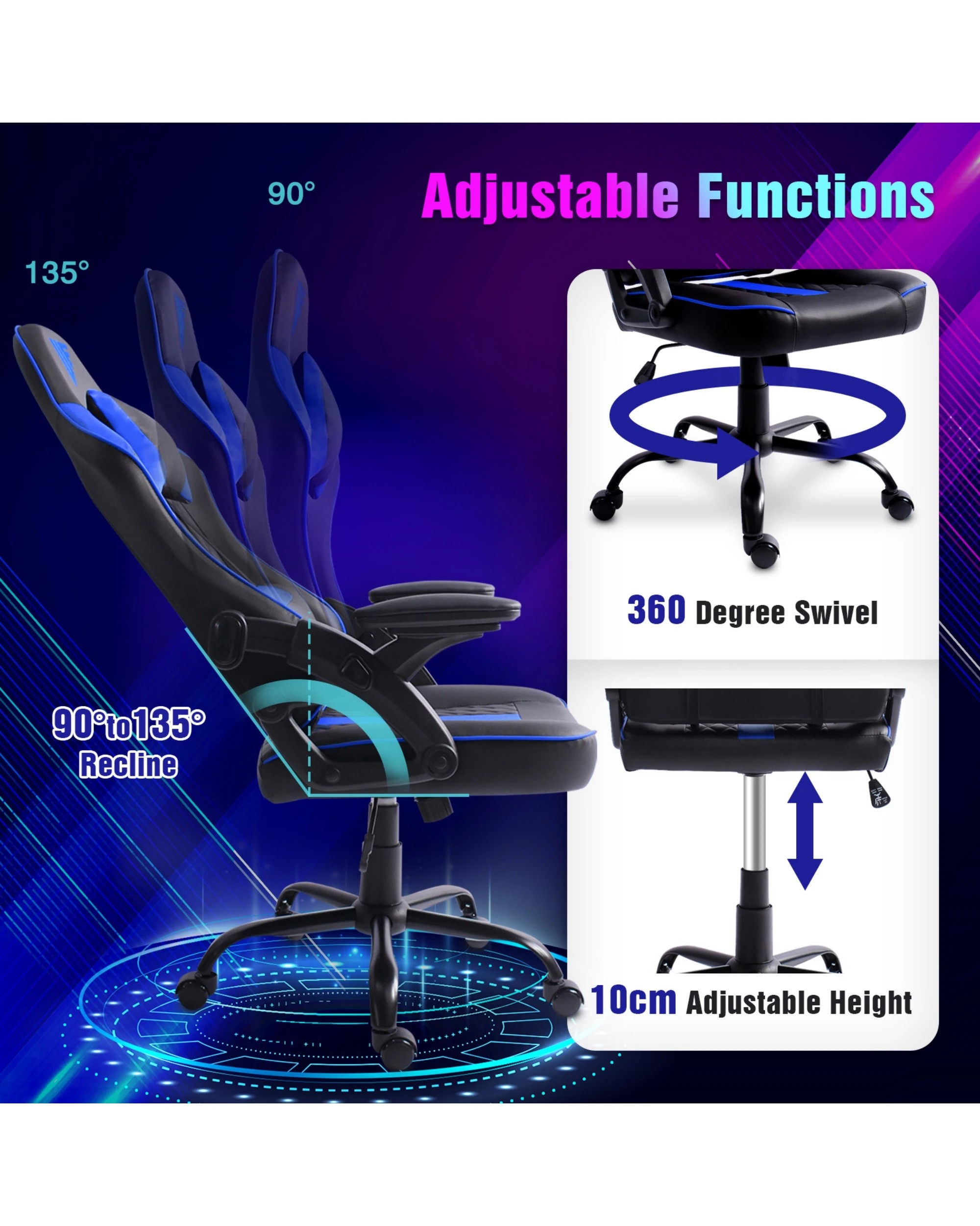 5 Advwin Gaming Chair Height Adjustable Ergonomic Recliner Racing Office Chair
 - Black, 5 of 10