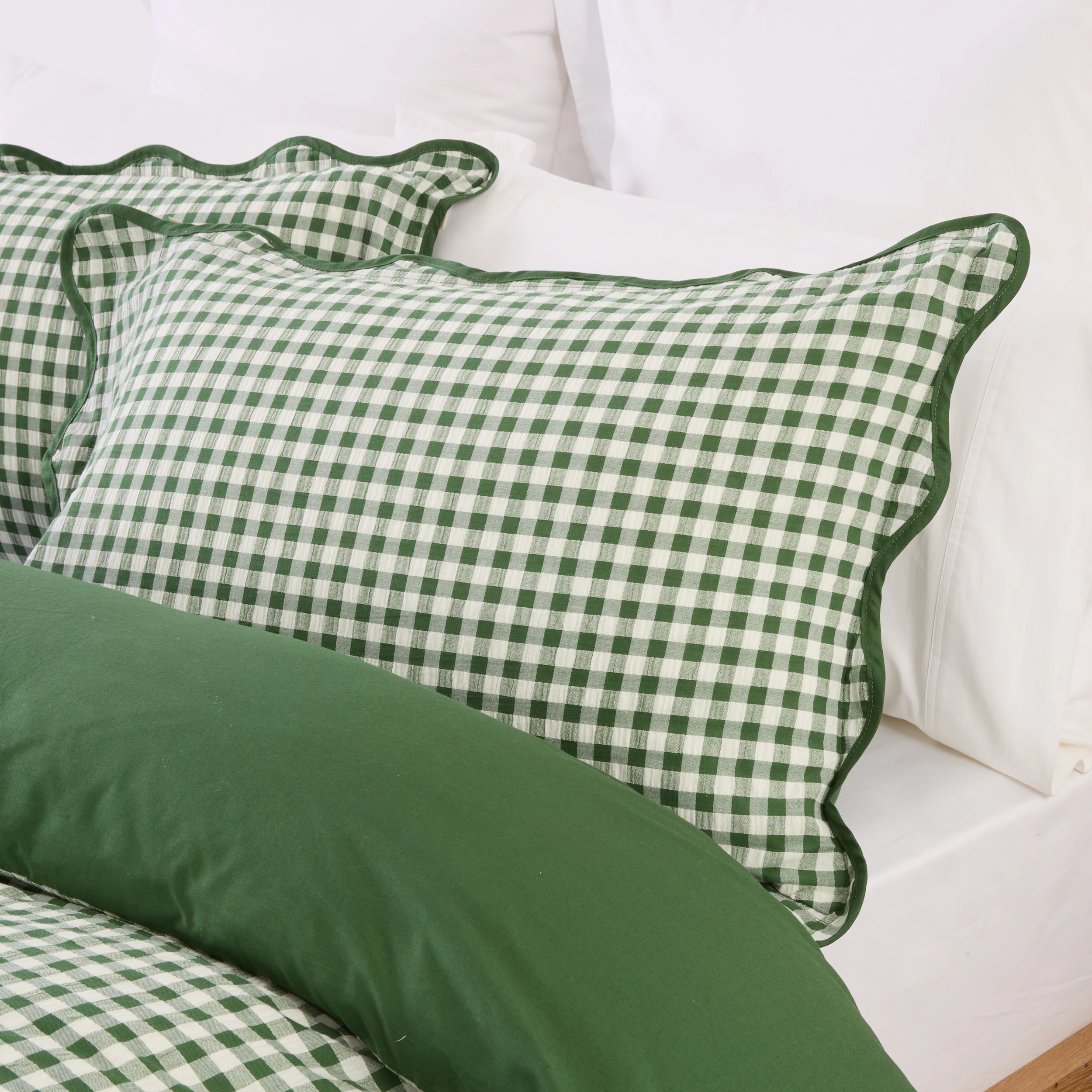 3 Gingham Scallop Cotton Quilt Cover Set - Queen Bed, Green, 3 of 7