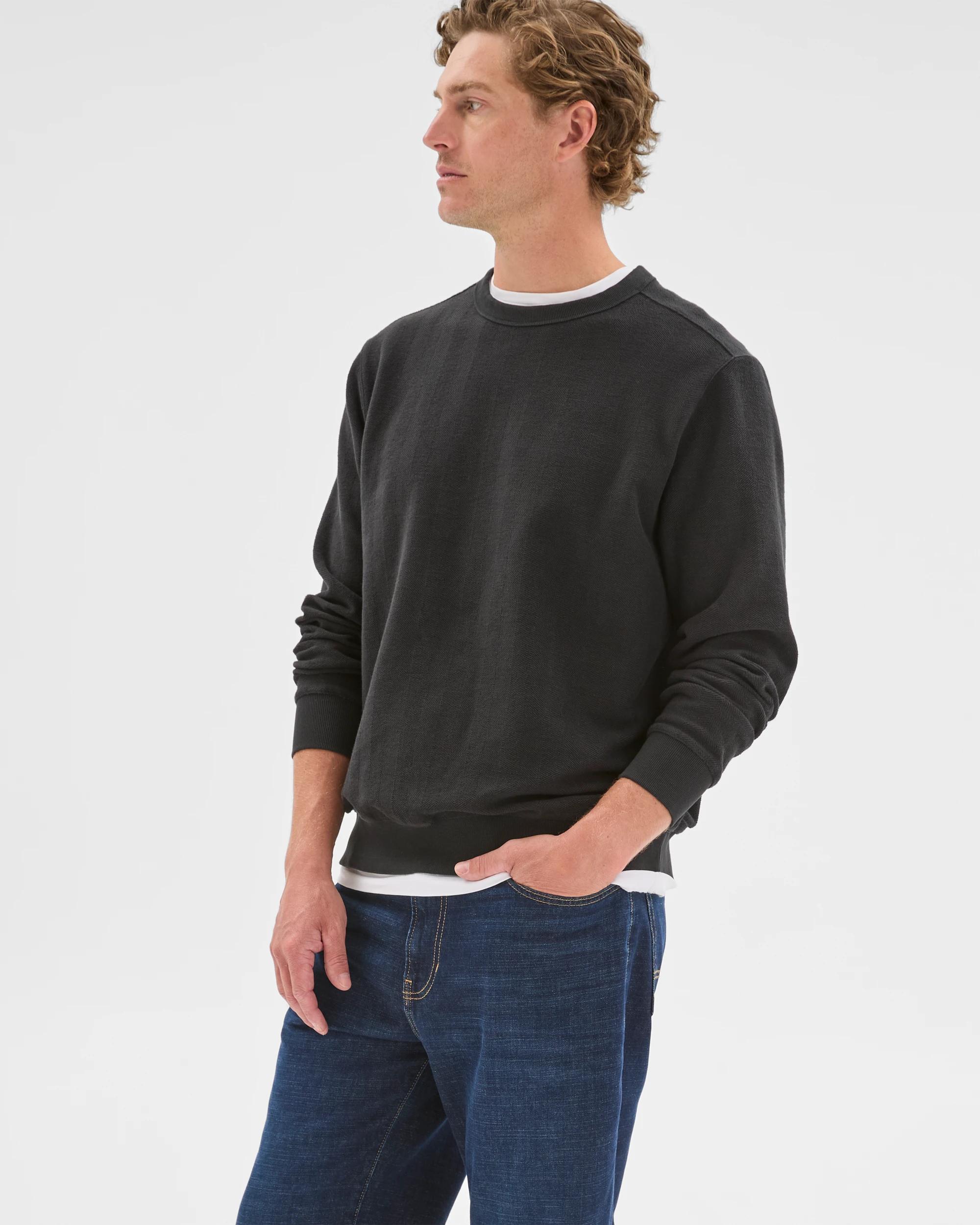 4 Target Man Australian Cotton Herringbone Long Sleeve Crew Neck Fleece Top BLACK, 4 of 6
