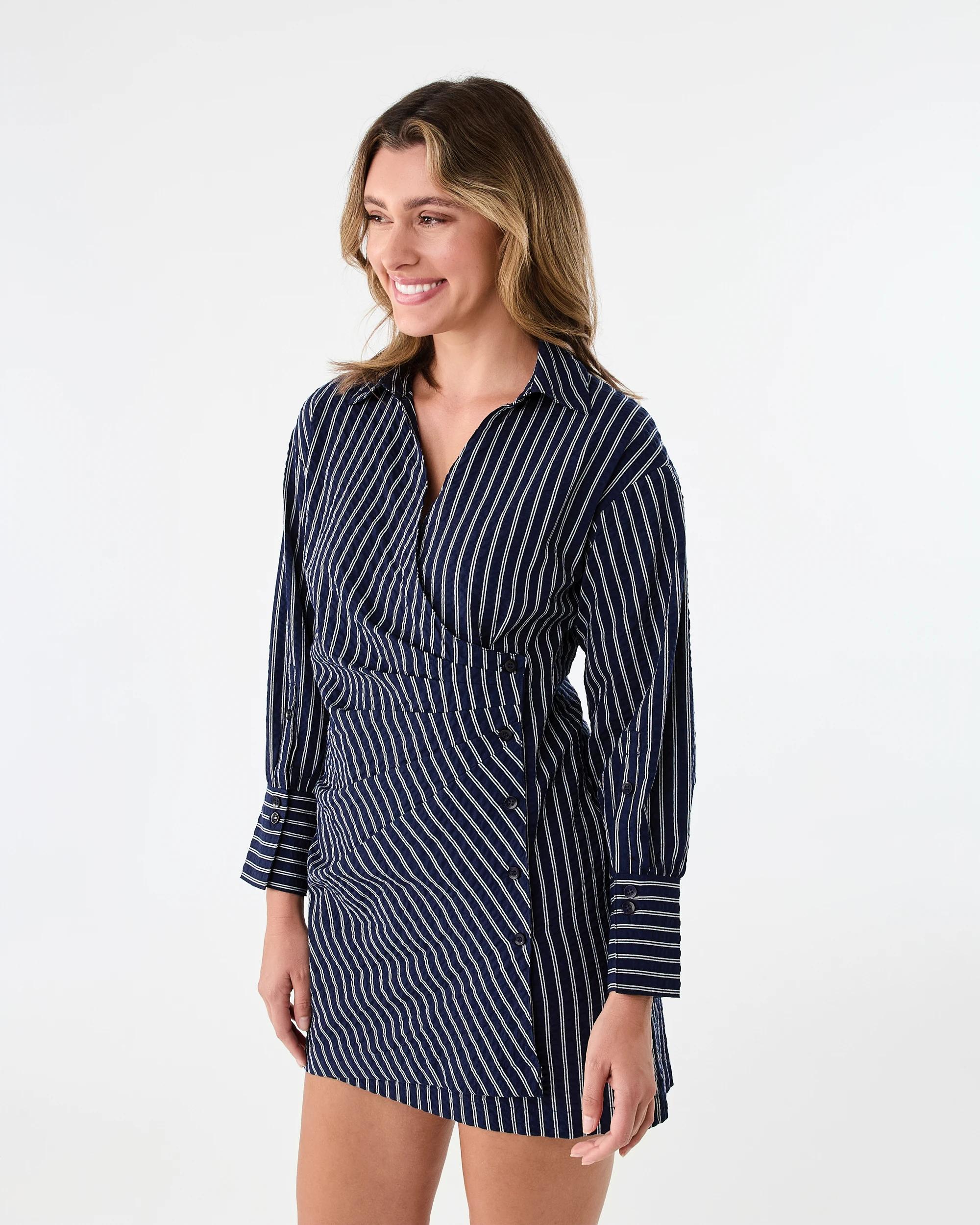 2 Long Sleeve Wrap Shirt Mini Dress Navy Strp, 2 of 8