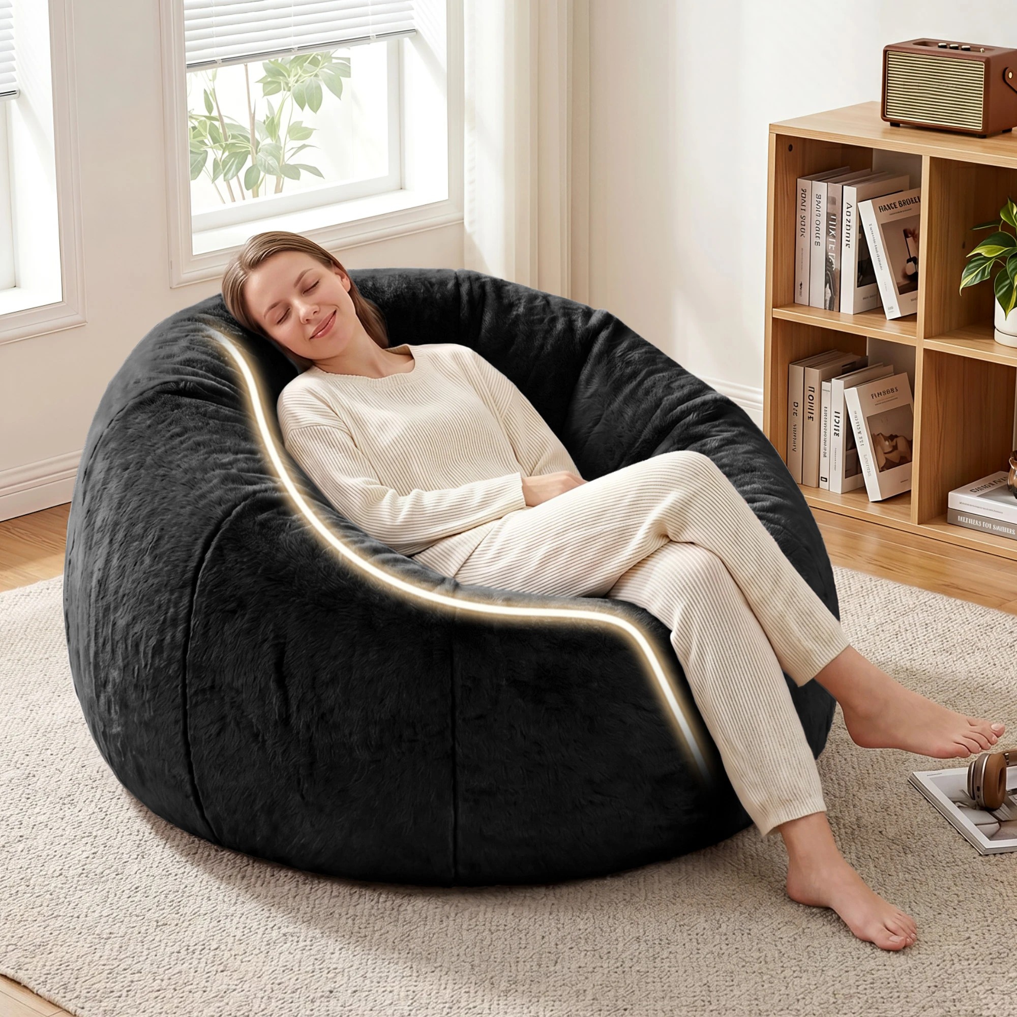 6 Artiss Bean Bag Chair Cover Faux Fur No Filler Washable Lazy Sofa Cover - Black, 6 of 9