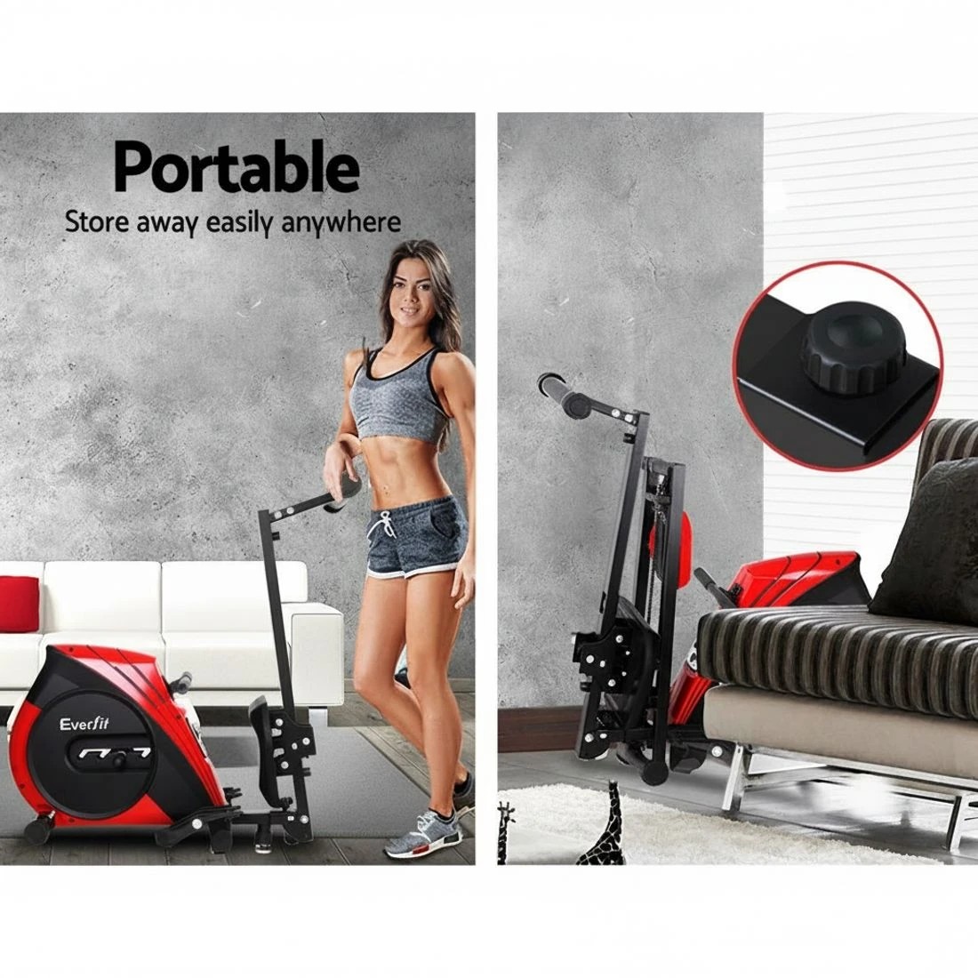 6 Everfit Rowing Machine Rower Elastic Rope Resistance Fitness Home - Red, 6 of 9