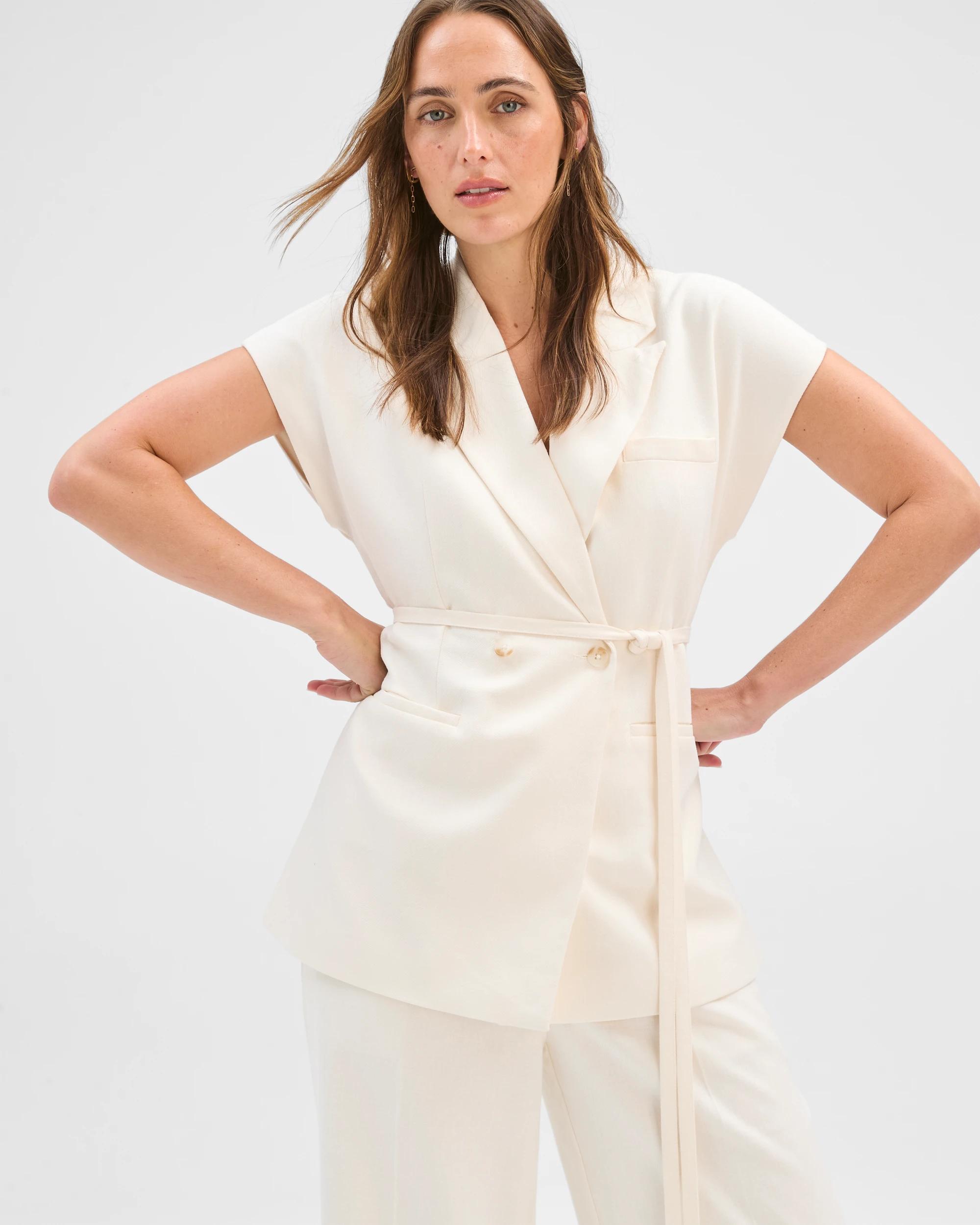 4 Preview Linen Blend Tailored Tie Waist Vest CLOUD DANCER, 4 of 7