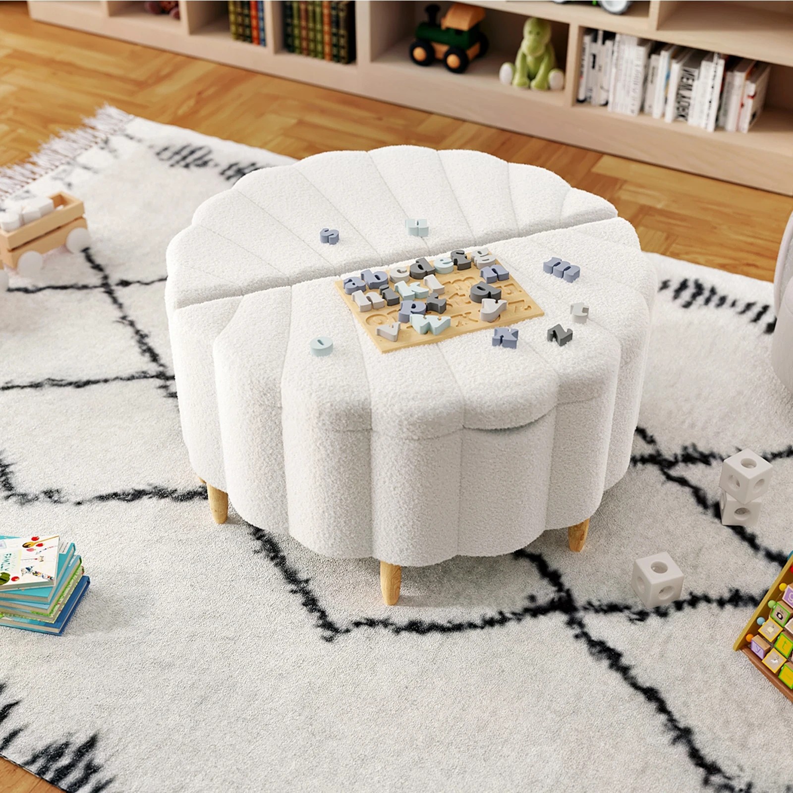 6 Oikiture Storage Ottoman Scallop Boucle Blanket Box Fleece Foot Stool Seat Chest
 - White, 6 of 10