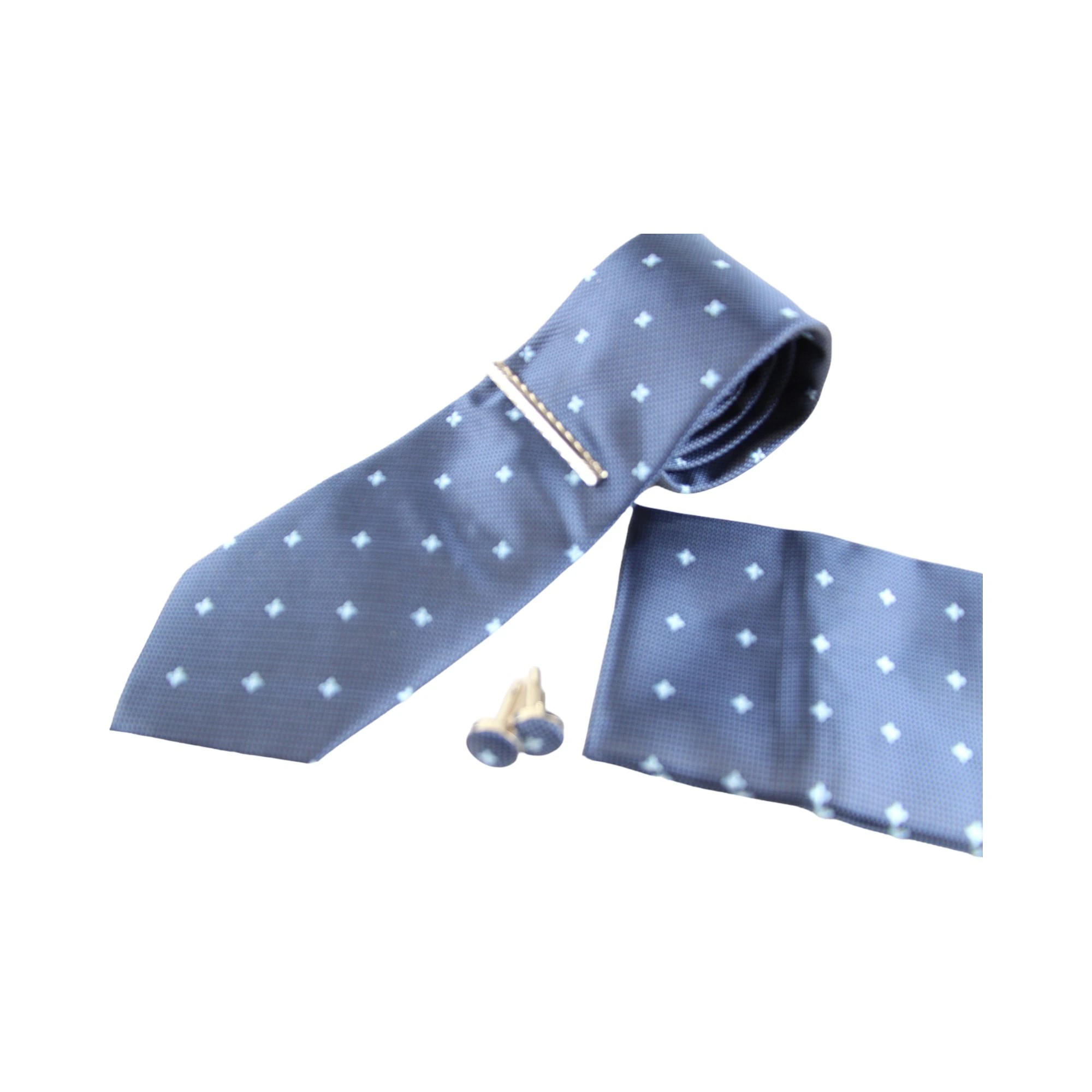 4 Zasel Mens Blue Dotted And Floral Matching Neck Tie, Pocket Square, Cuff Links And Tie Clip Set - Multi - Multi, 4 of 4