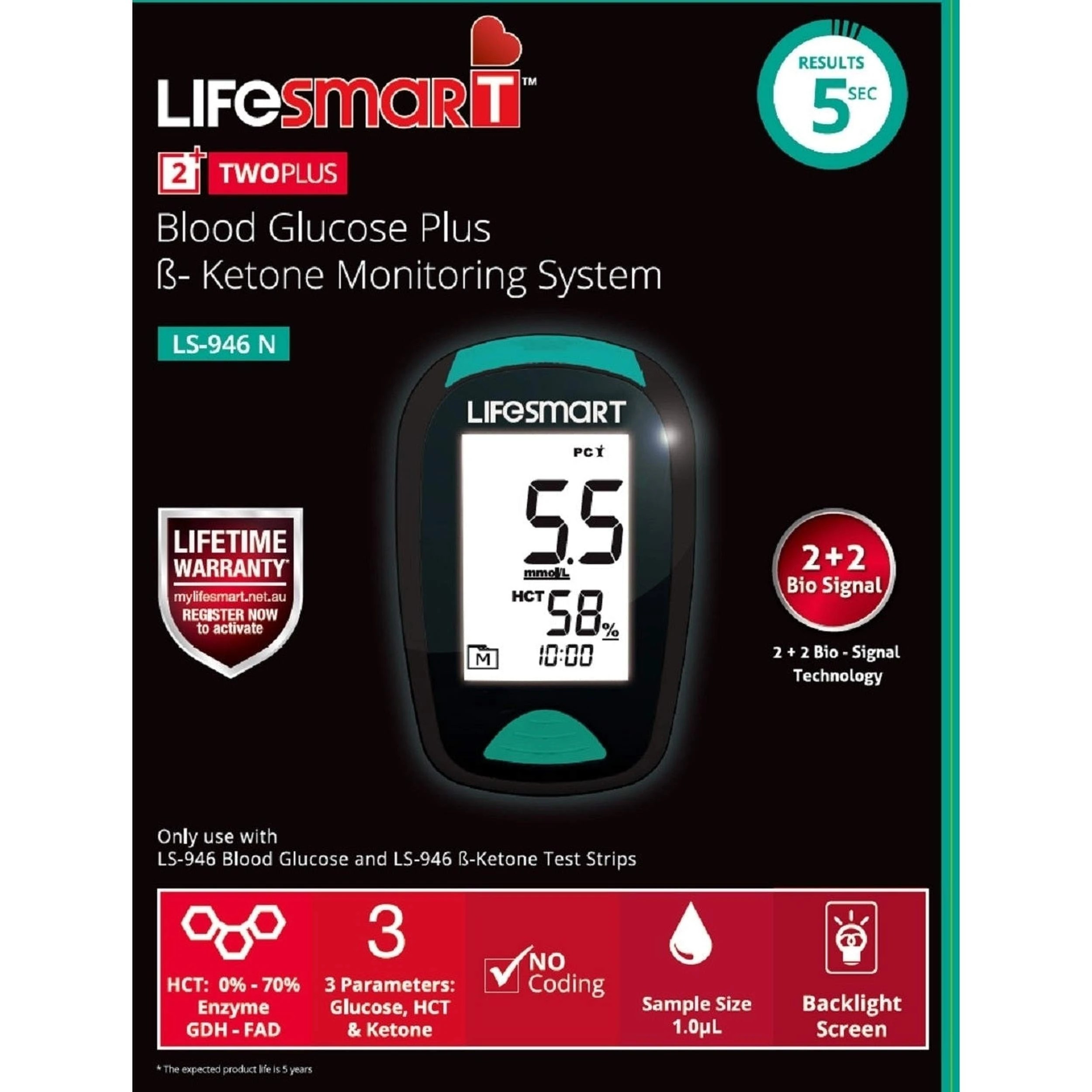 1 Lifesmart Two Plus Blood Glucose B-Ketone Monitor System LS-946N (Non-Bluetooth), 1 of 1