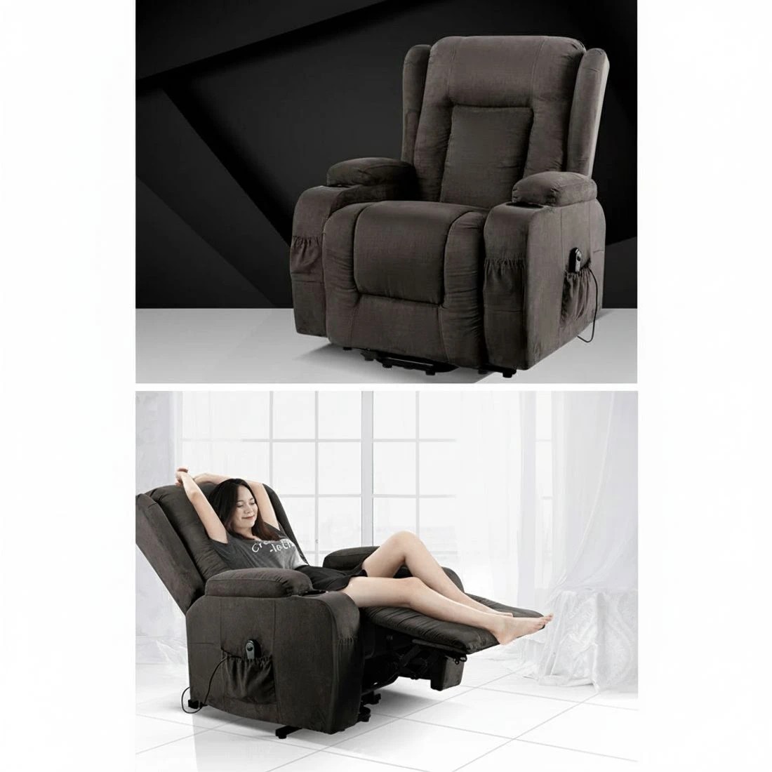 4 Artiss Recliner Chair Lift Assist Heated Massage Chair Velvet - Grey, 4 of 8