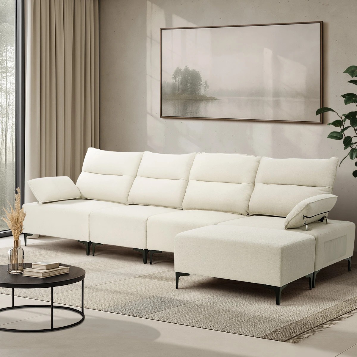 4 Oikiture 5 Seater Modular Sofa Chenille Couch Ottoman Set - Beige, 4 of 10