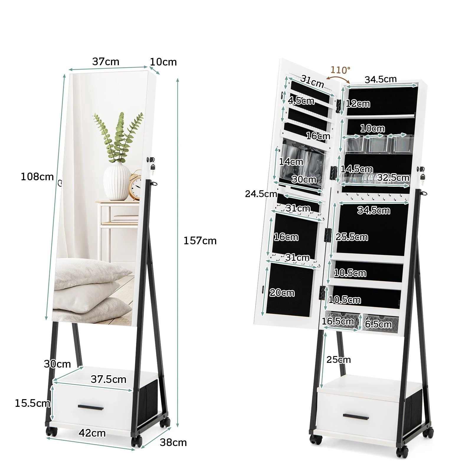 4 Costway Mobile Mirror Jewellery Cabinet Jewelry Makeup Organiser w/Drawers Jewelry Armoire - White, 4 of 4