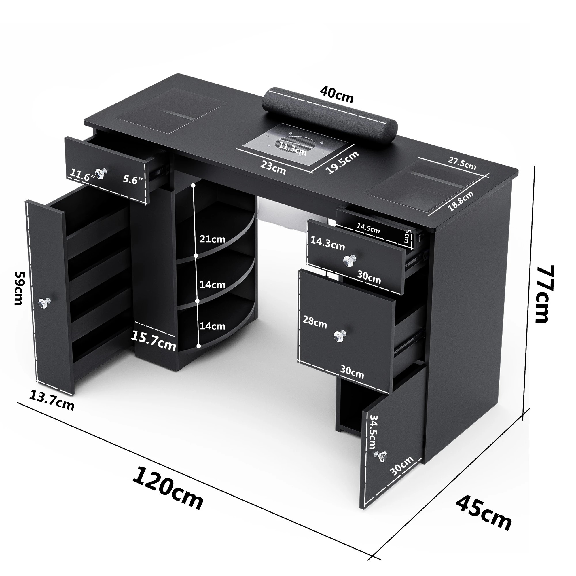 3 Advwin Manicure Table With Dust Collector Glass Top Acetone Resistant Drawers Shelves - Black, 3 of 4