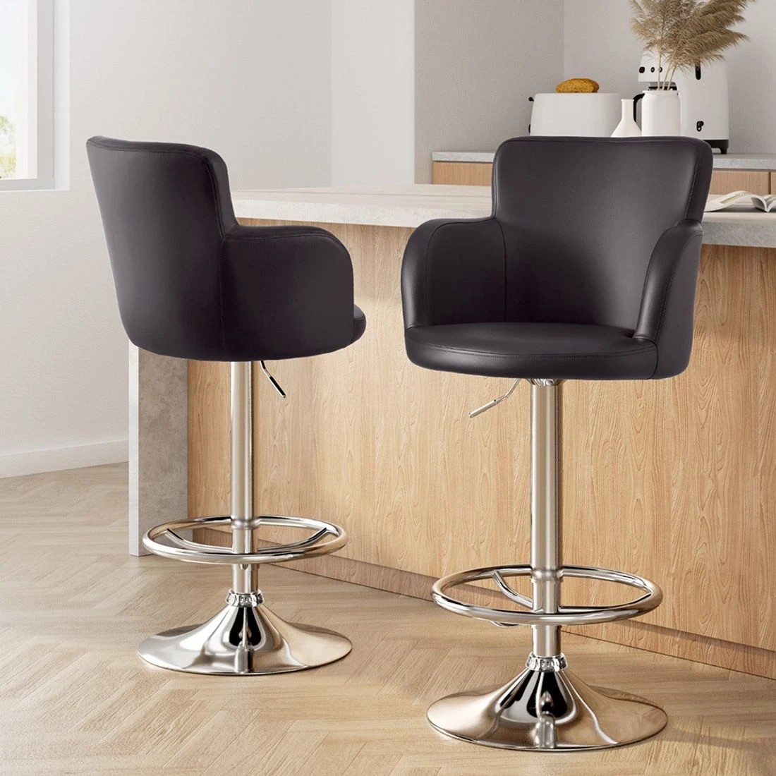 3 Artiss 2x Leather Bar Stools Swivel Adjustable Gas Lift PU Counter Chairs - Brown, 3 of 7