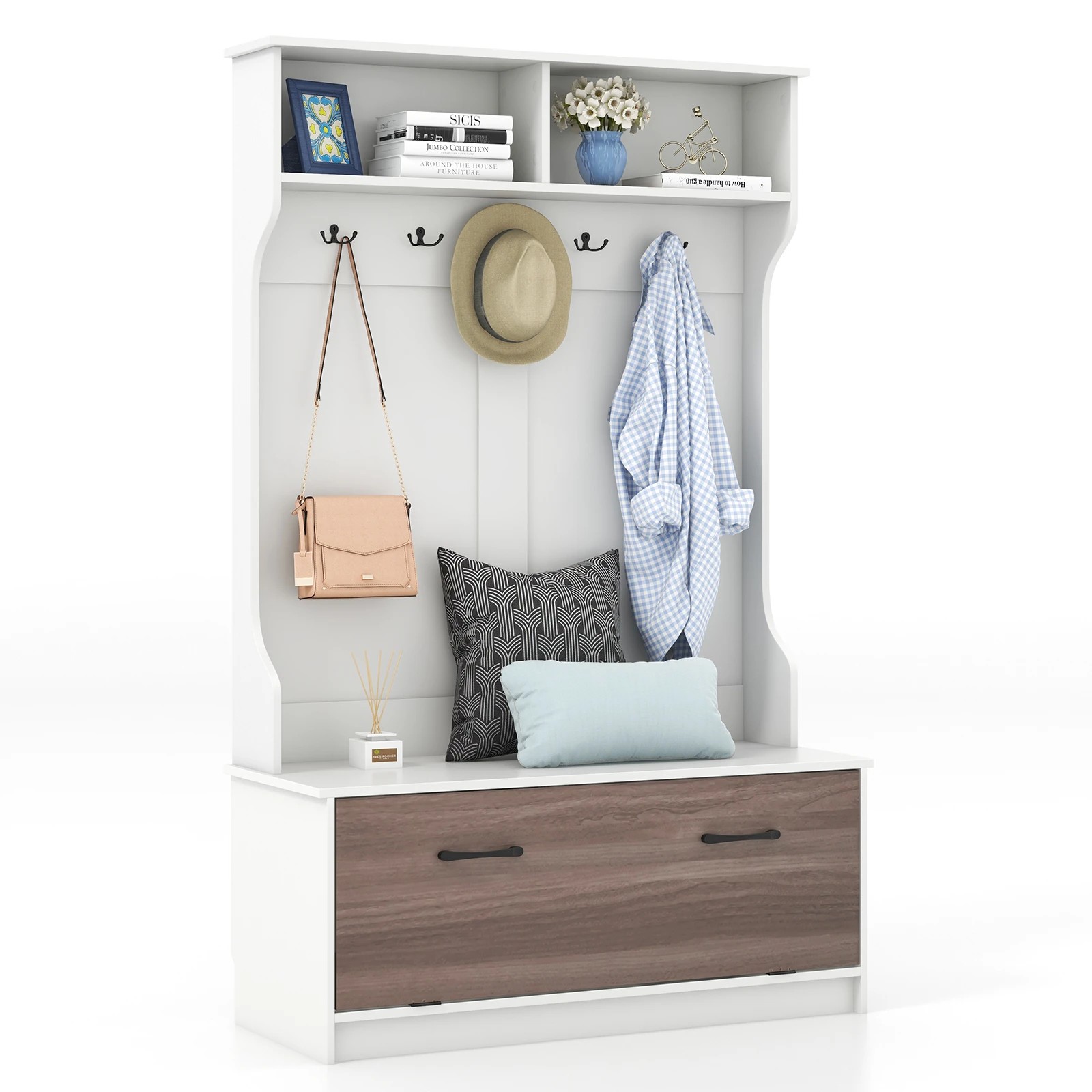 9 Costway 160cm Hall Tree Coat Clothes Rack Shoe Storage Bench w/Hooks, 9 of 9