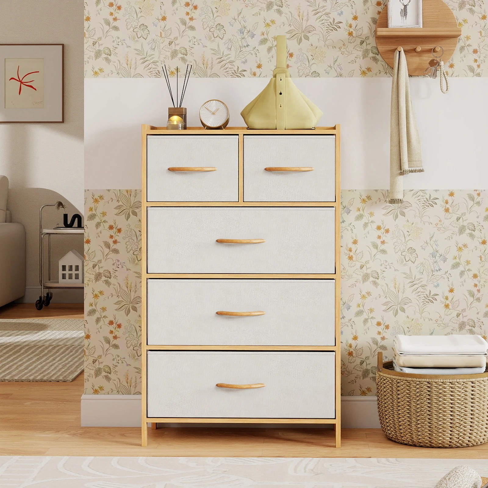 2 Costway 5 Chest of Drawers Bamboo Dresser Table Tallboy Storage Tower Cabinet, 2 of 5