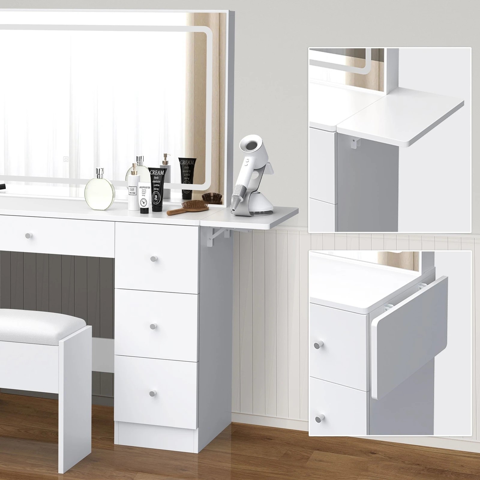 2 Alfordson Dressing Table Stool Set Makeup Mirror LED Vanity Desk 7 Drawers - White, 2 of 10