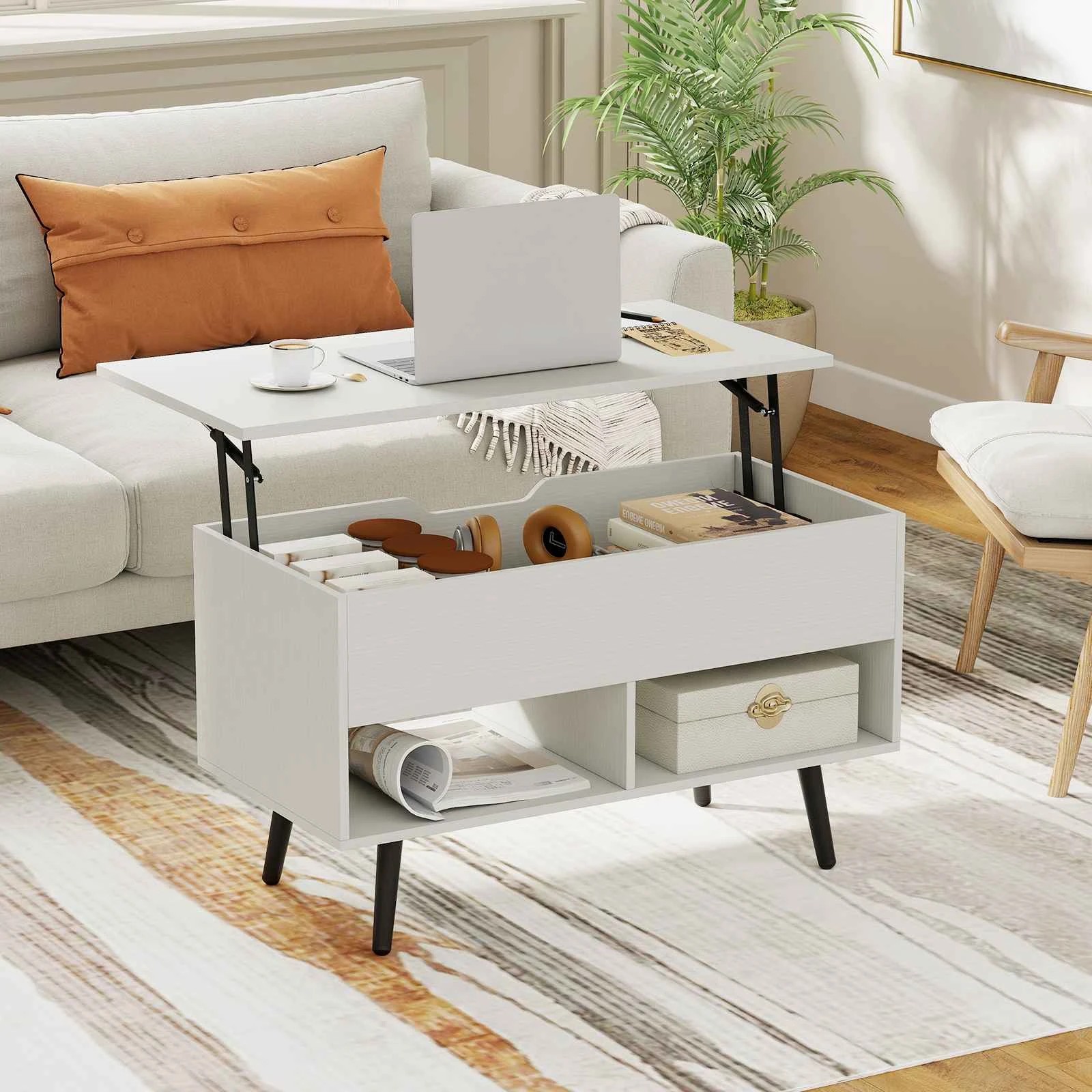 3 Costway 80cm Lift Top Coffee Table Modern Dining Table w/Hidden Storage Compartment - White, 3 of 5