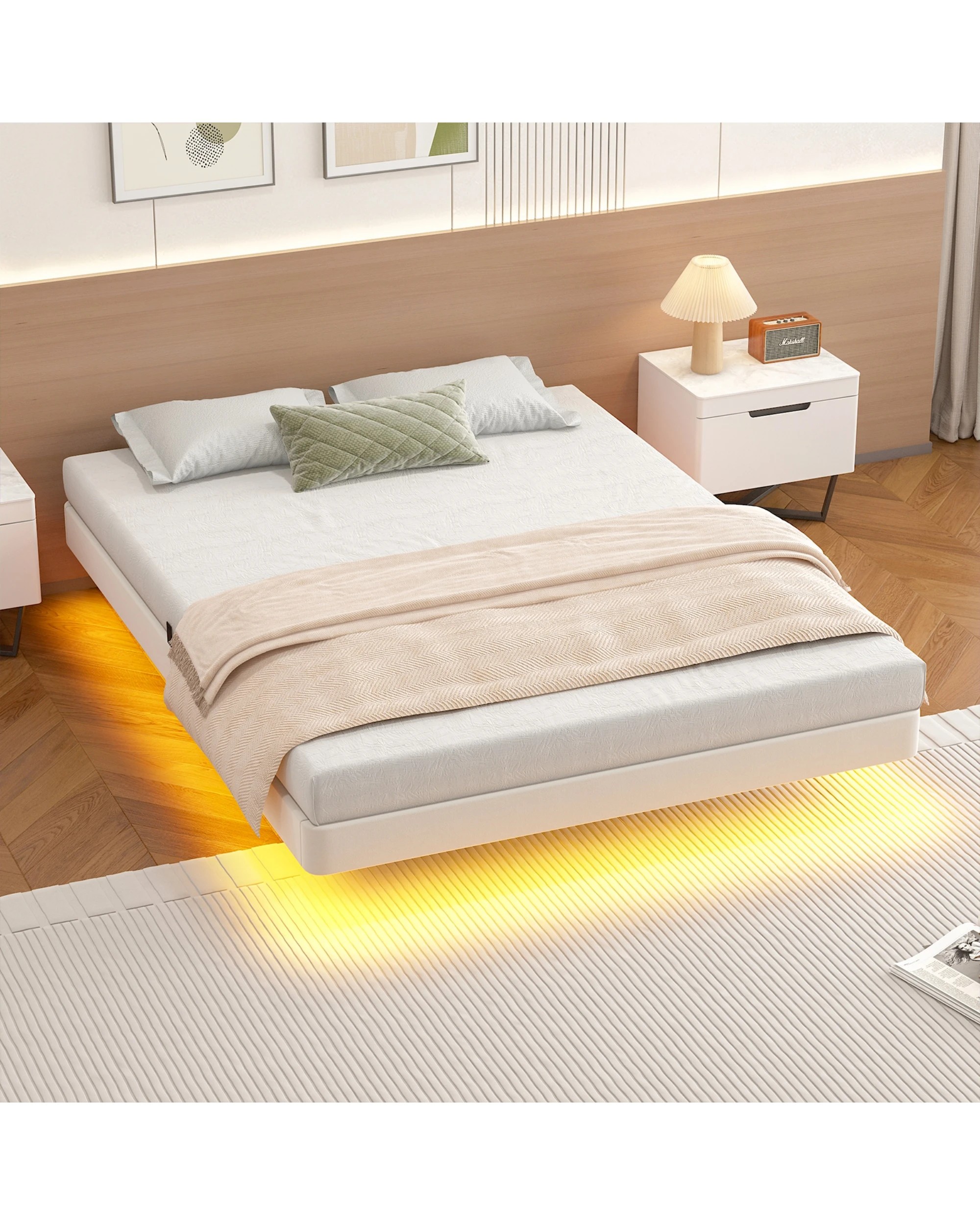 2 Advwin Bed Frame Queen Size PU Leather Wooden Frames Mattress Base Platform - Beige, 2 of 10