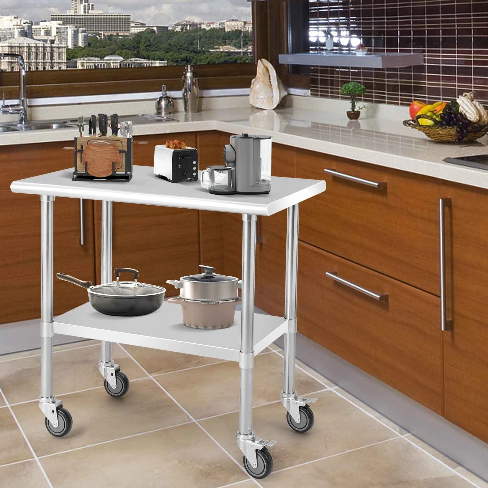 2 Costway Mobile Food Prep Table Commercial Work Bench Stainless Steel 91.5 x 61cm, 2 of 3