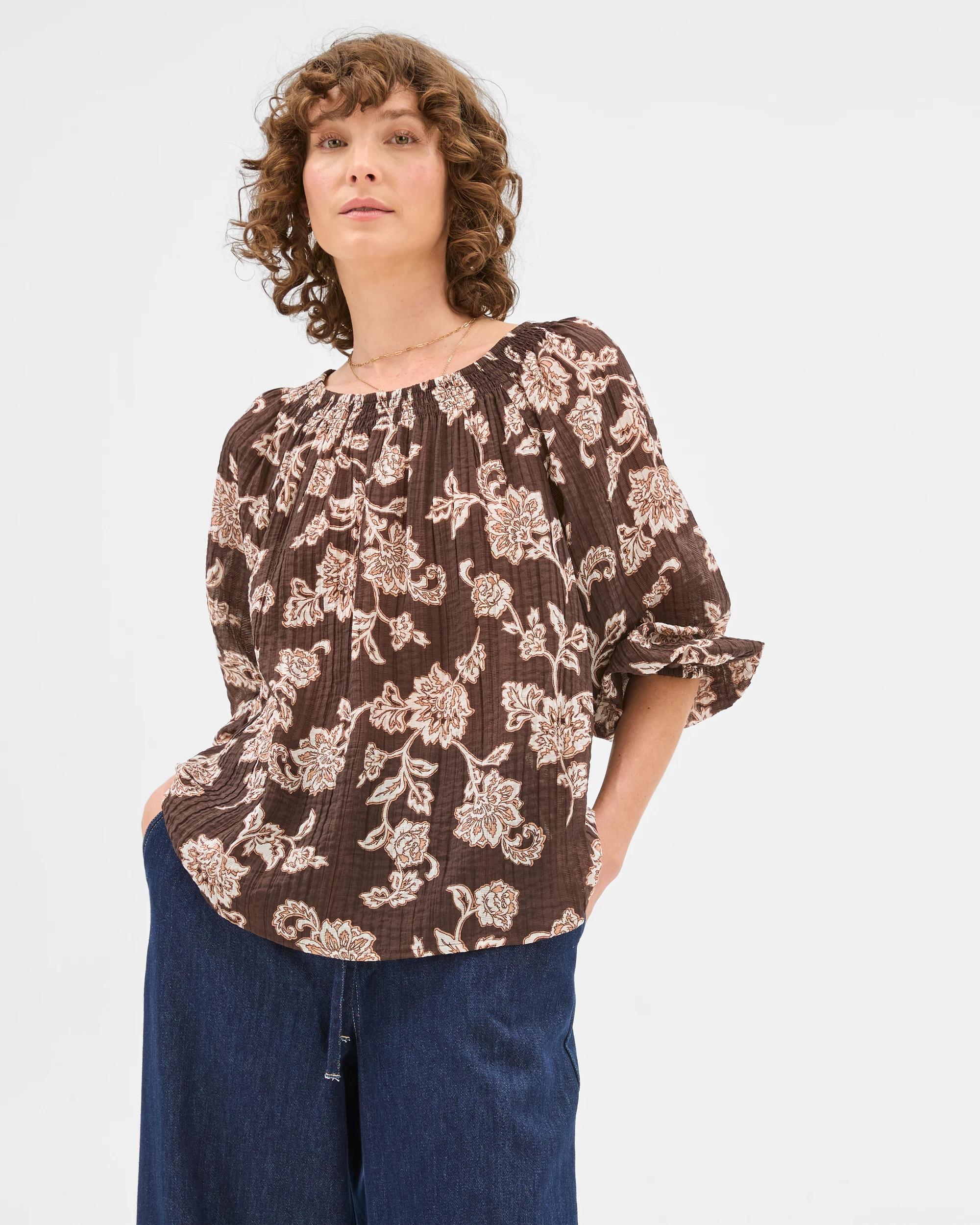 2 Target Woman Viscose/nylon Long Sleeve Shirred Neck Blouse, Mediterranean Bloom MEDITERRANEAN BLOOM, 2 of 6