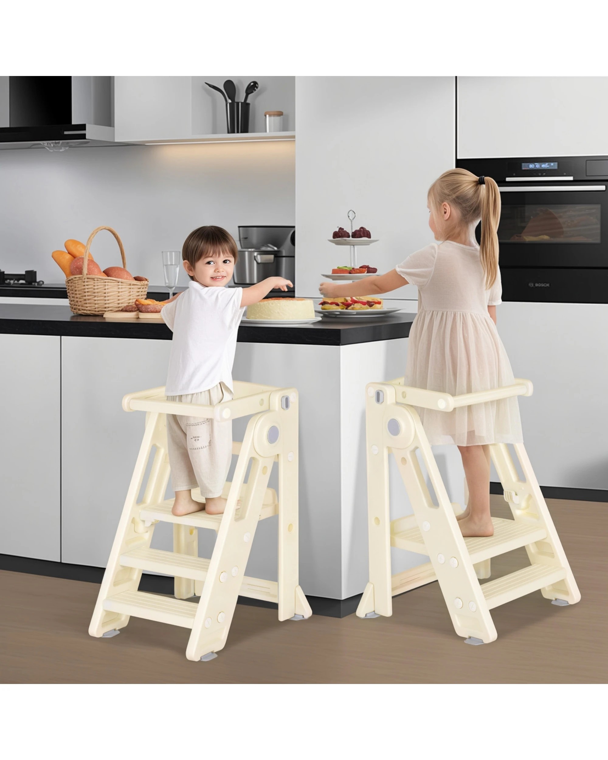 5 Advwin Foldable Kids Step Stool Adjustable Standing Tower Kitchen Helper with Safety Rail, 5 of 10
