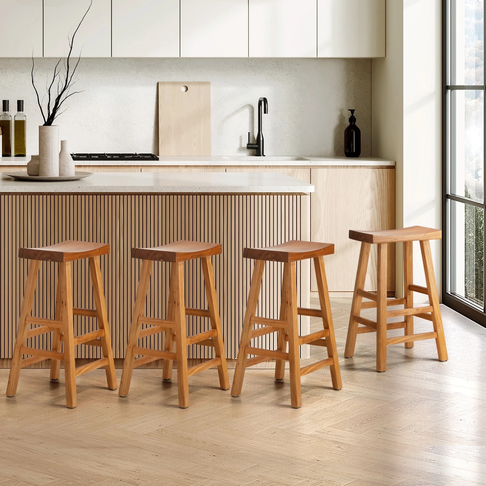 2 Oikiture Set Of 4 Bar Stools Kitchen Stool Wooden Counter Chairs
 - Natural, 2 of 10