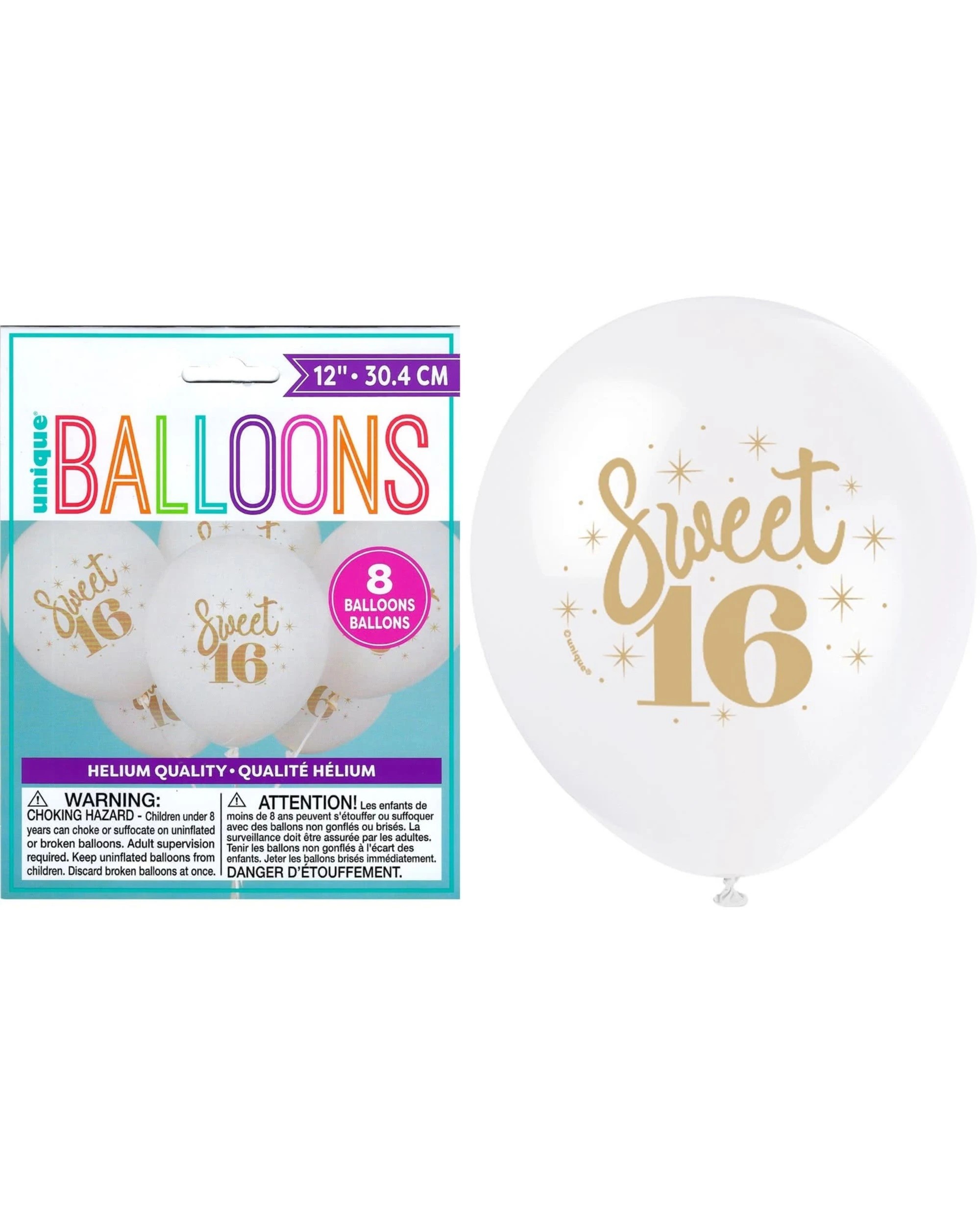 2 Unique Sweet Sixteen White and Balloons Pack of 8 - Gold, 2 of 2