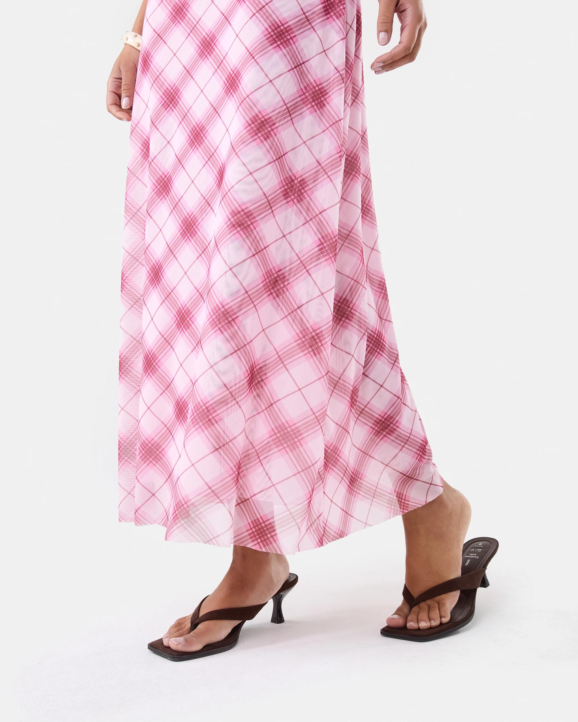 8 Sleeveless Mesh Cowl Neck Maxi Dress Pink Check, 8 of 8