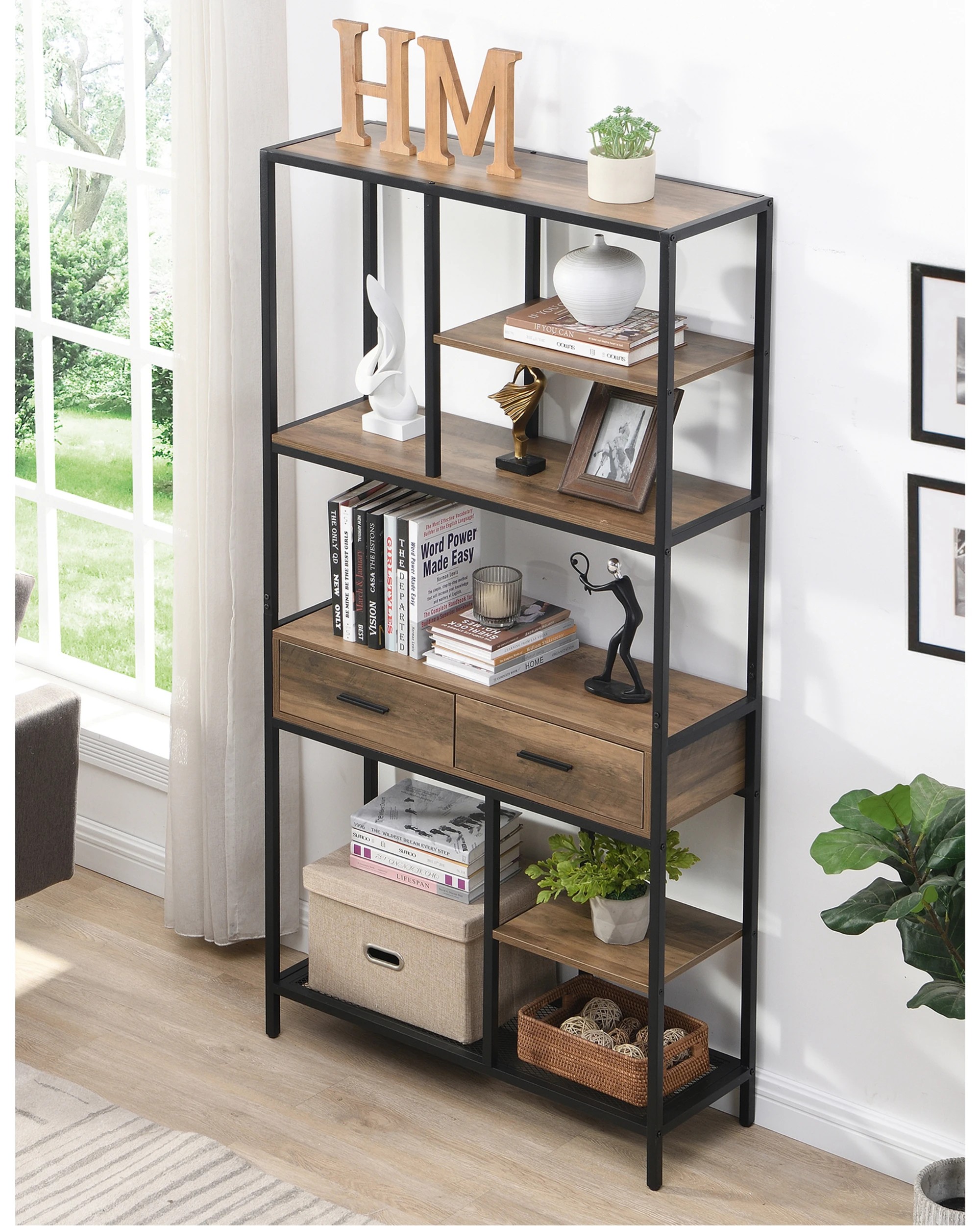 4 IHOMDEC 6 Tier Bookshelf with 2 Drawers, 180cm H, 4 of 5