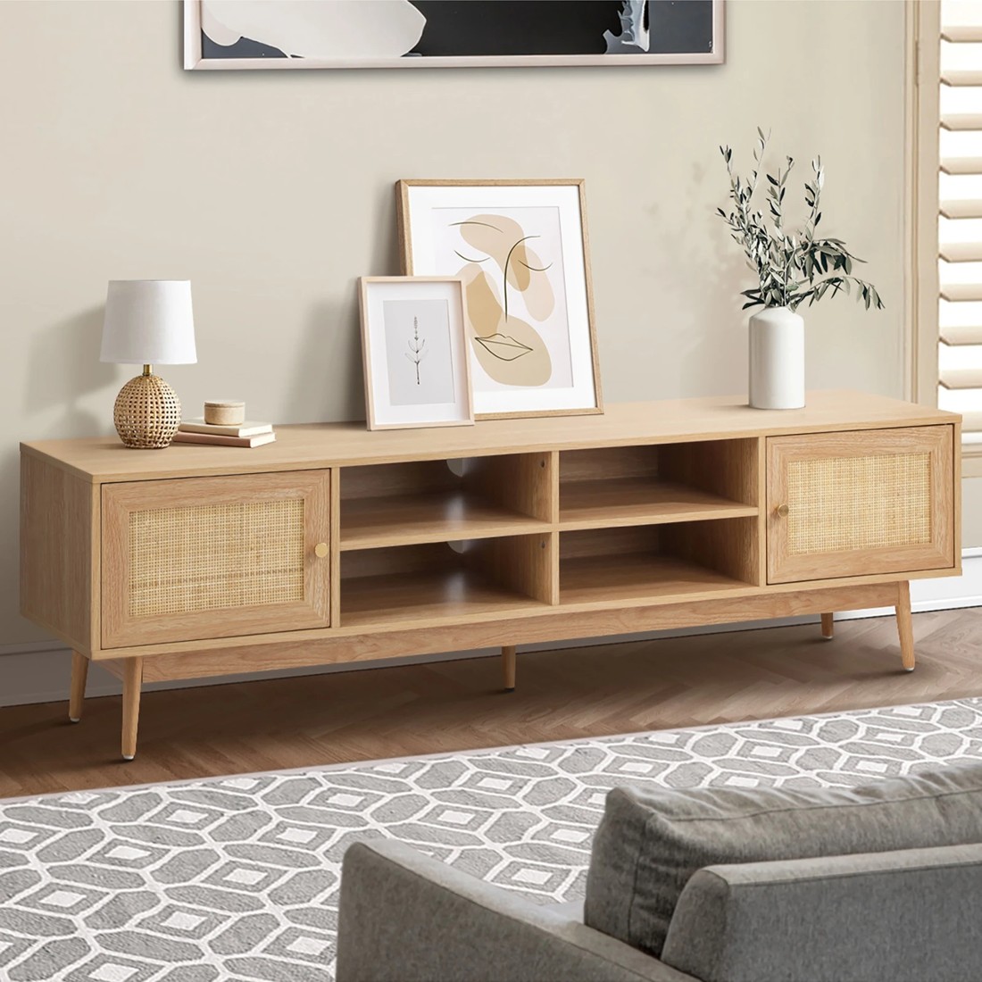 3 Oikiture Tv Cabinet Entertainment Unit Rattan Drawers 180cm
 - Natural, 3 of 10
