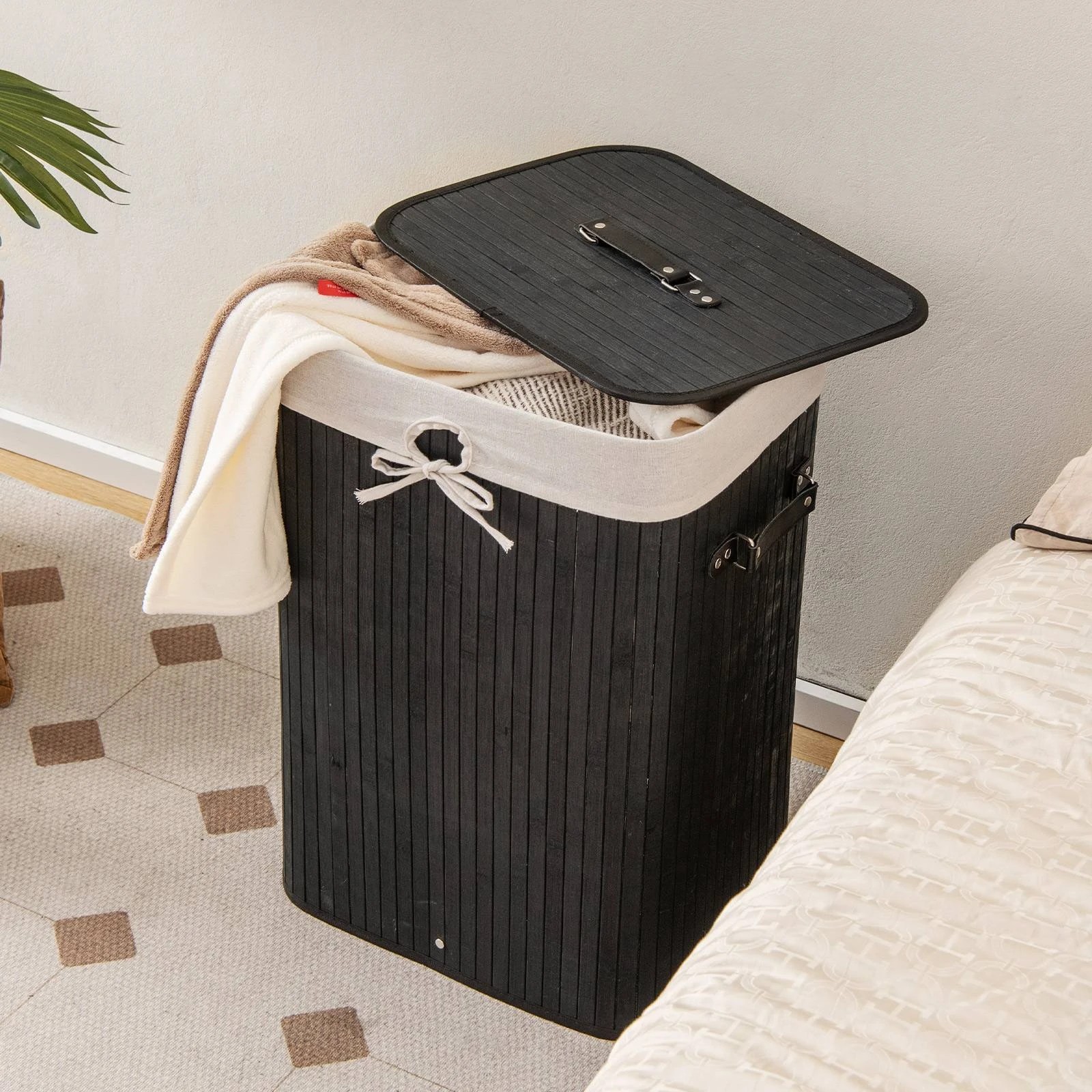 4 Costway 72L Bamboo Laundry Hamper Cloth Storage Basket Collapsible Bin Bathroom - Black, 4 of 4