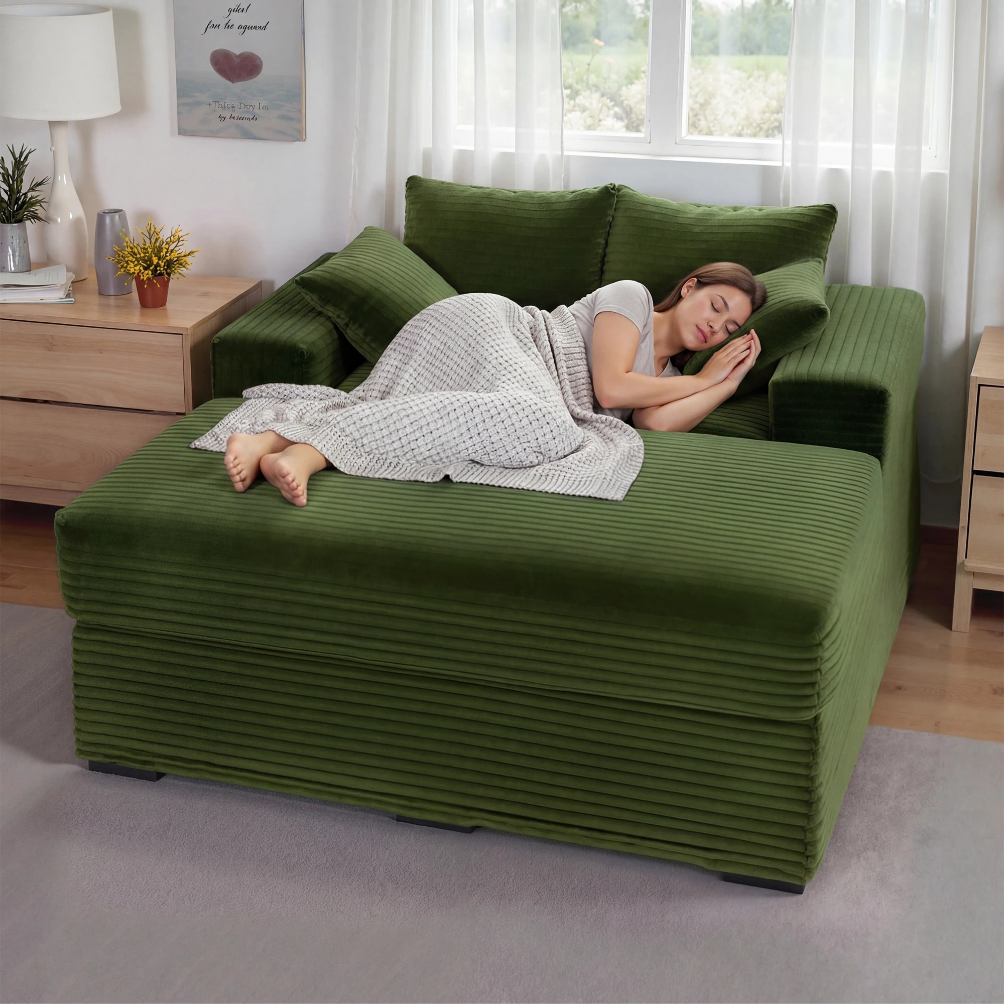 7 Advwin 146cm Chaise Lounge Chair with Storage Ottoman Fluffy Upholstered Sofa Bed - Green, 7 of 10