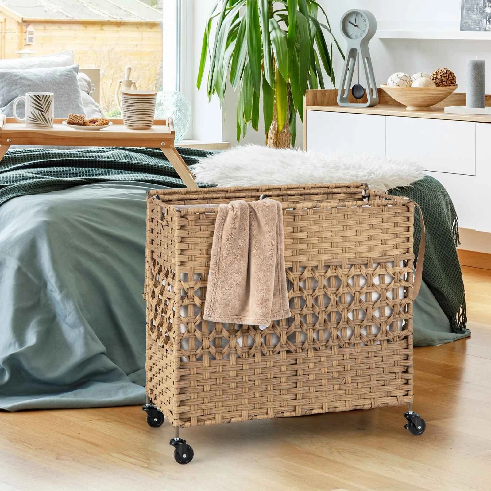 3 Costway 110L Rolling Laundry Hamper w/Lid Folding Rattan Clothes Basket - Natural, 3 of 3