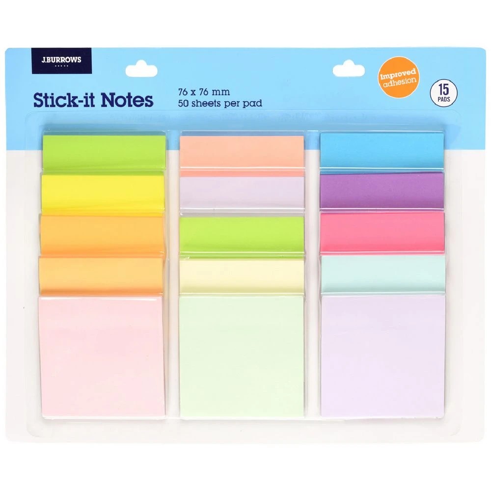 1 J.Burrows Stick-It Notes 76x76mm Assorted Value Pack 15 Pack, 1 of 3