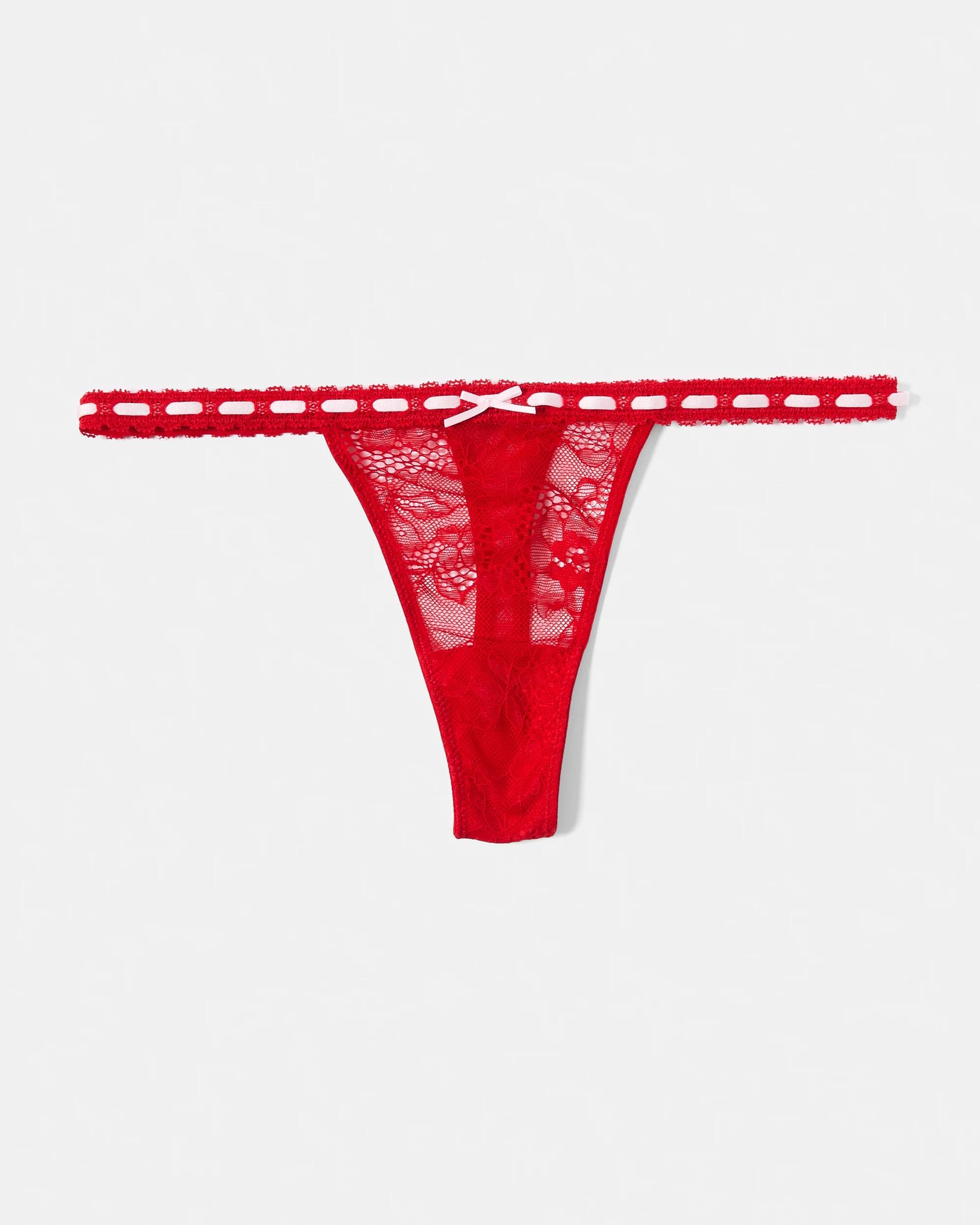 2 Co-ordinated Ribbon Trim G-String Briefs Strawberry, 2 of 7