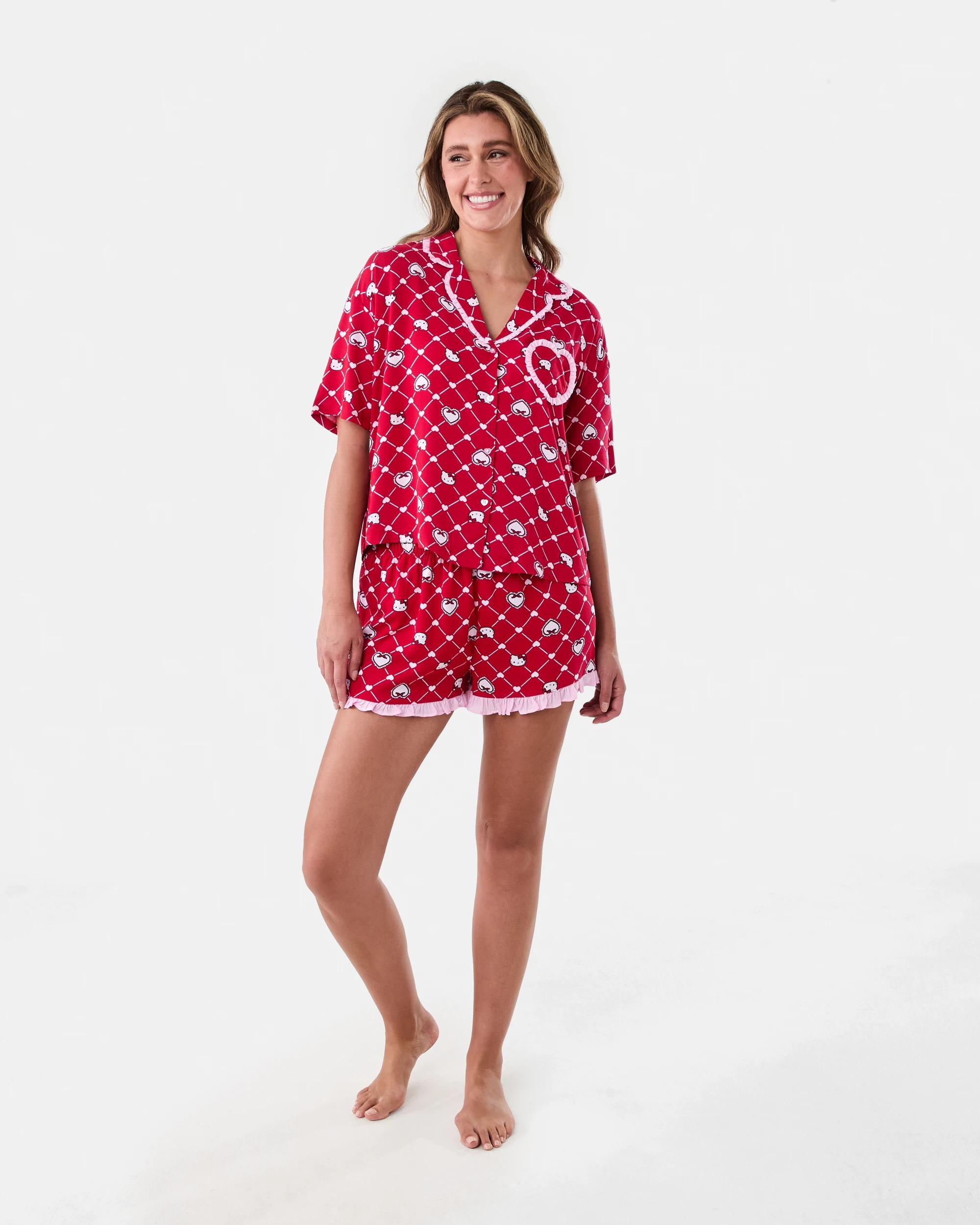 10 Hello Kitty License Frill Short Sleeve Top and Shorts Woven Boxy Pyjama Set Kitt Heart, 10 of 10