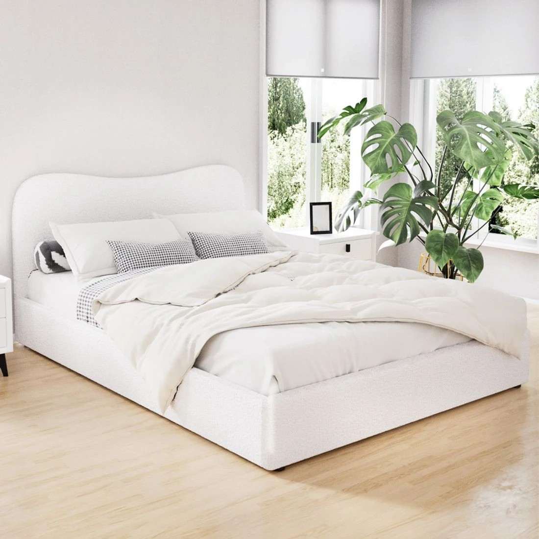 1 Artiss Bed Frame Double Size Upholstered Padded Headboard Bedroom Furniture Modern Decor Sturdy - White, 1 of 5