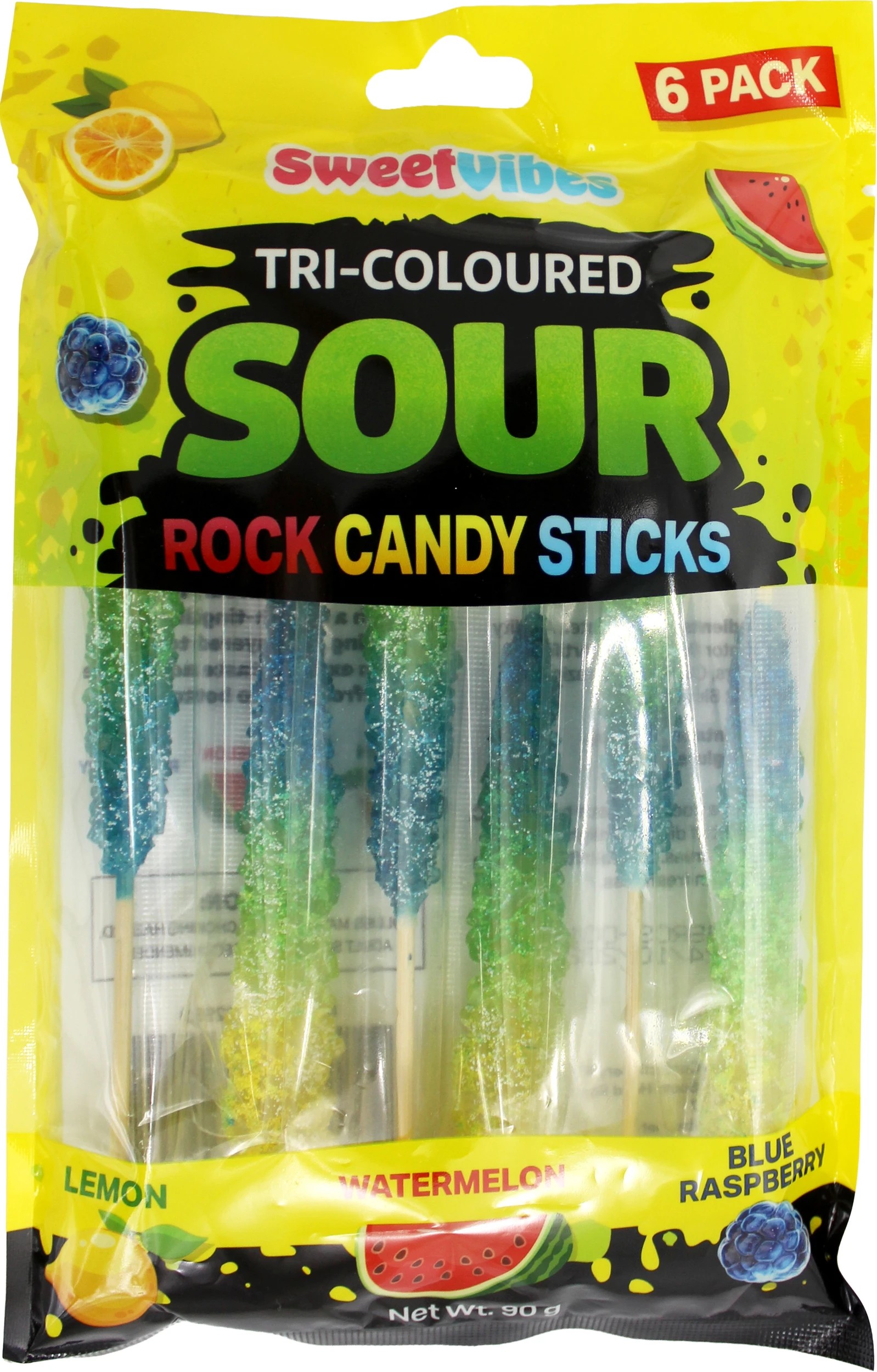 1 6 Pack Sweet Vibes Tri-Coloured Sour Rock Candy Sticks 90g - Lemon, Watermelon and Blue Raspberry, 1 of 3