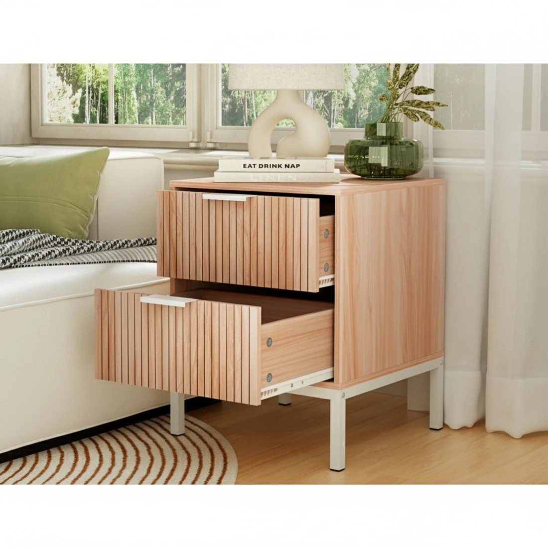 5 Artiss 2X Bedside Table 2 Drawers Storage Nightstand Cabinet Metal Legs Pine - Natural, 5 of 6