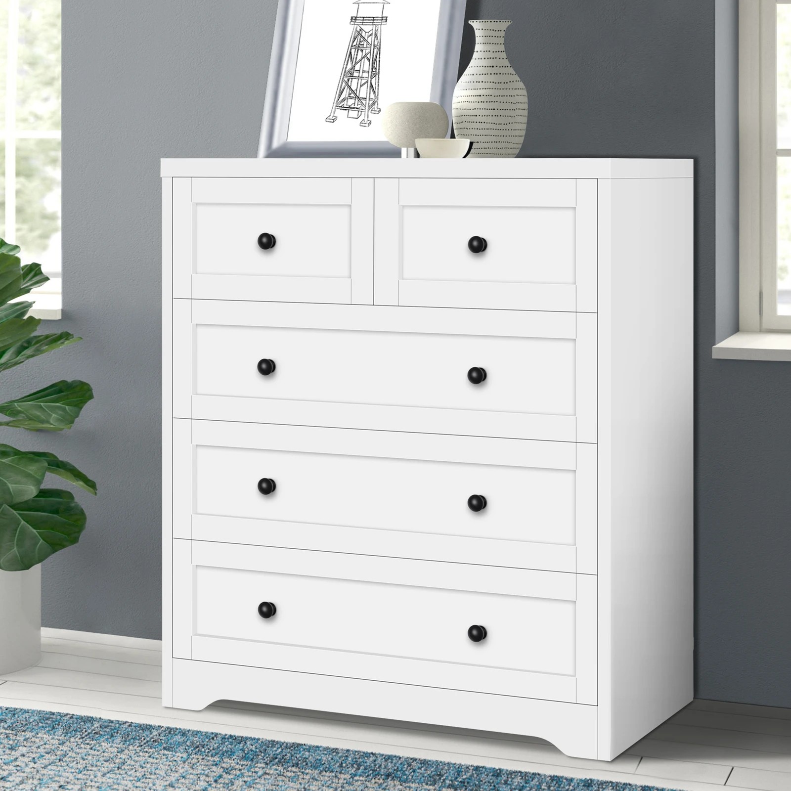 9 Alfordson 5 Chest of Drawers Bedside Table Hamptons Bedroom Storage - White, 9 of 10